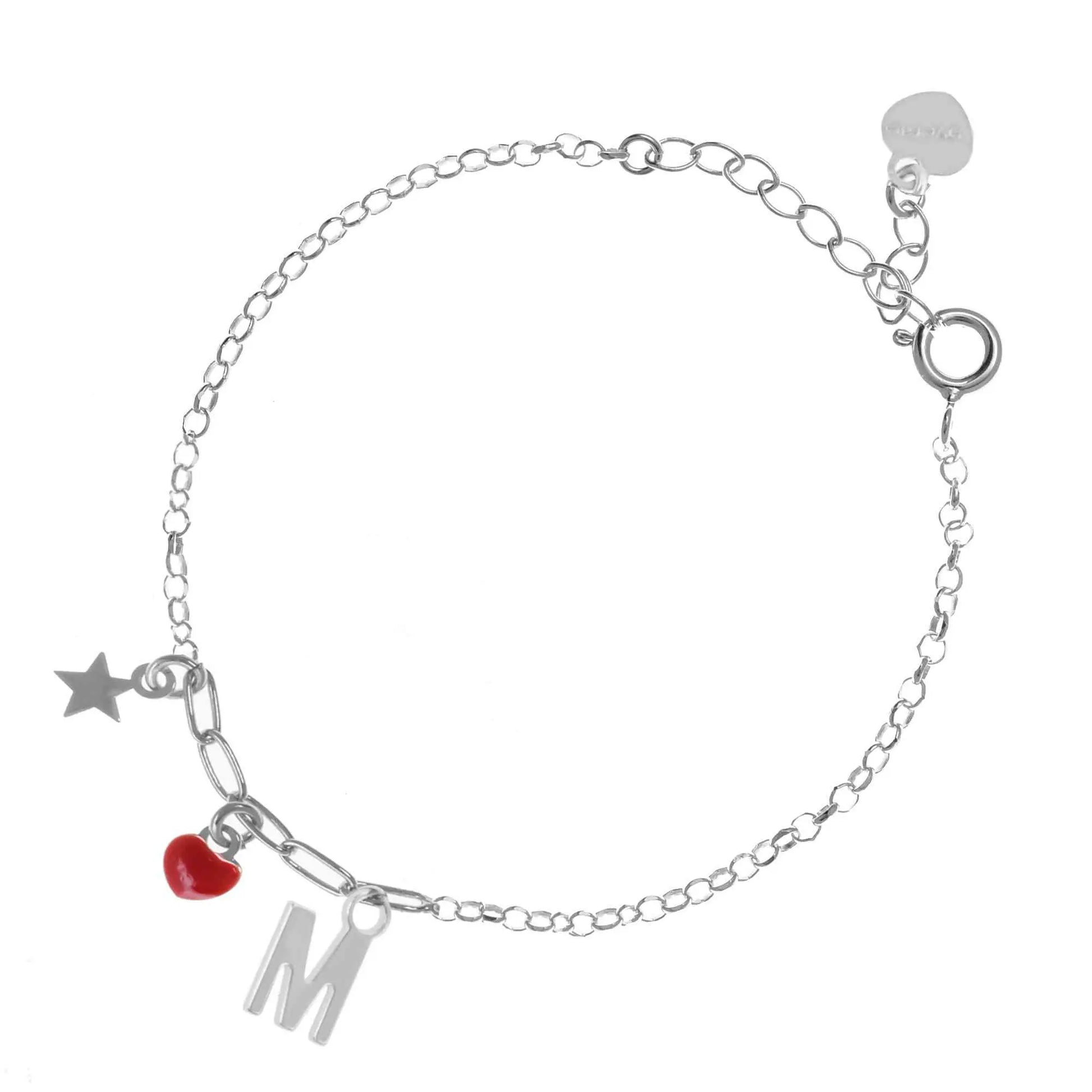 Bracciale regolabile in argento 925 rodiato con stellina, cuore rosso