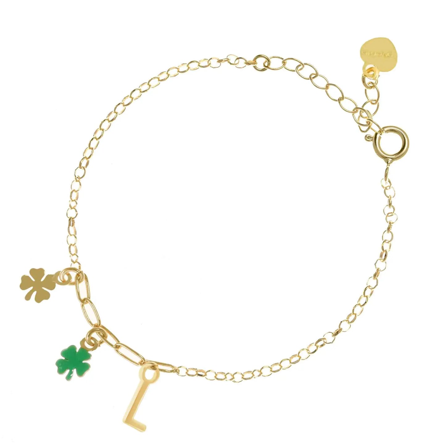 Bracciale regolabile in argento 925 dorato con due quadrifogli, uno lucido e uno smaltato verde, e letterina pendente.