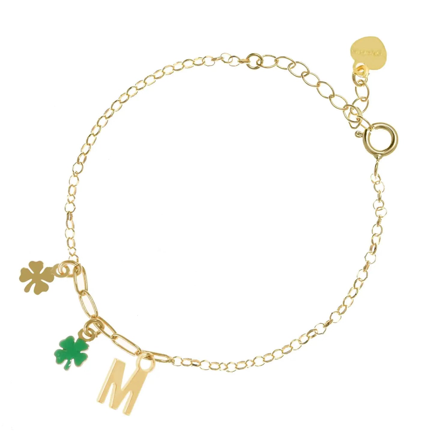 Bracciale regolabile in argento 925 dorato con due quadrifogli, uno lucido e uno smaltato verde, e letterina pendente.