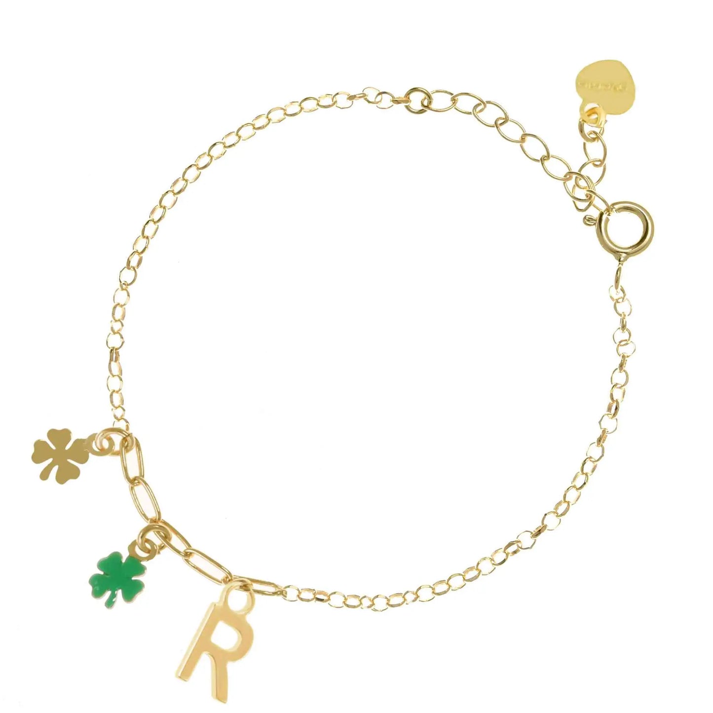 Bracciale regolabile in argento 925 dorato con due quadrifogli, uno lucido e uno smaltato verde, e letterina pendente.