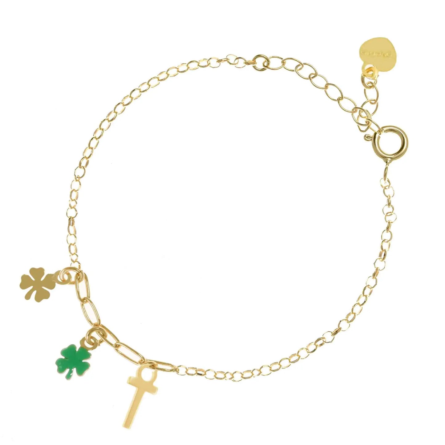 Bracciale regolabile in argento 925 dorato con due quadrifogli, uno lucido e uno smaltato verde, e letterina pendente.