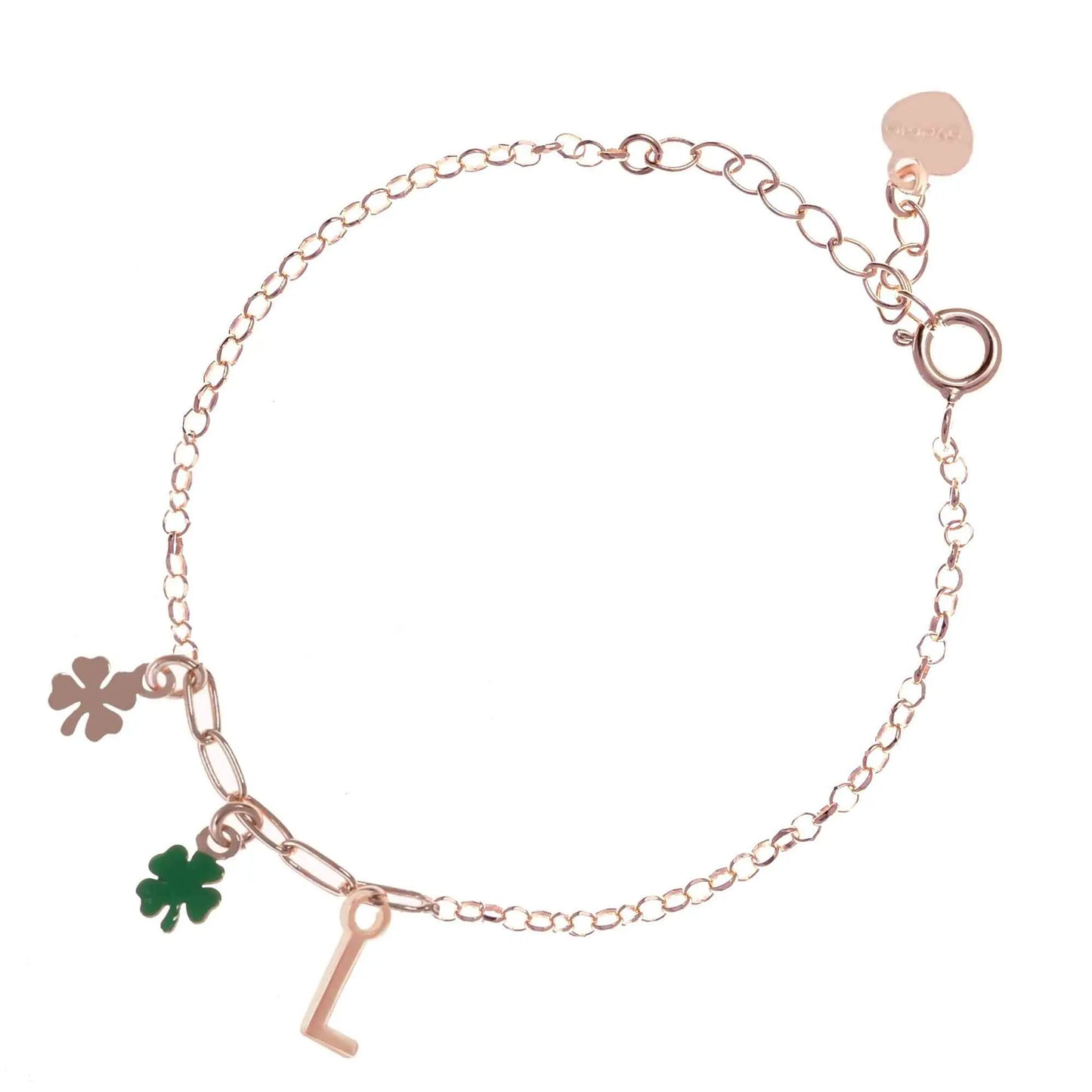 Bracciale regolabile in argento 925 rose’ con due quadrifogli, uno lucido e uno smaltato verde, e letterina pendente.