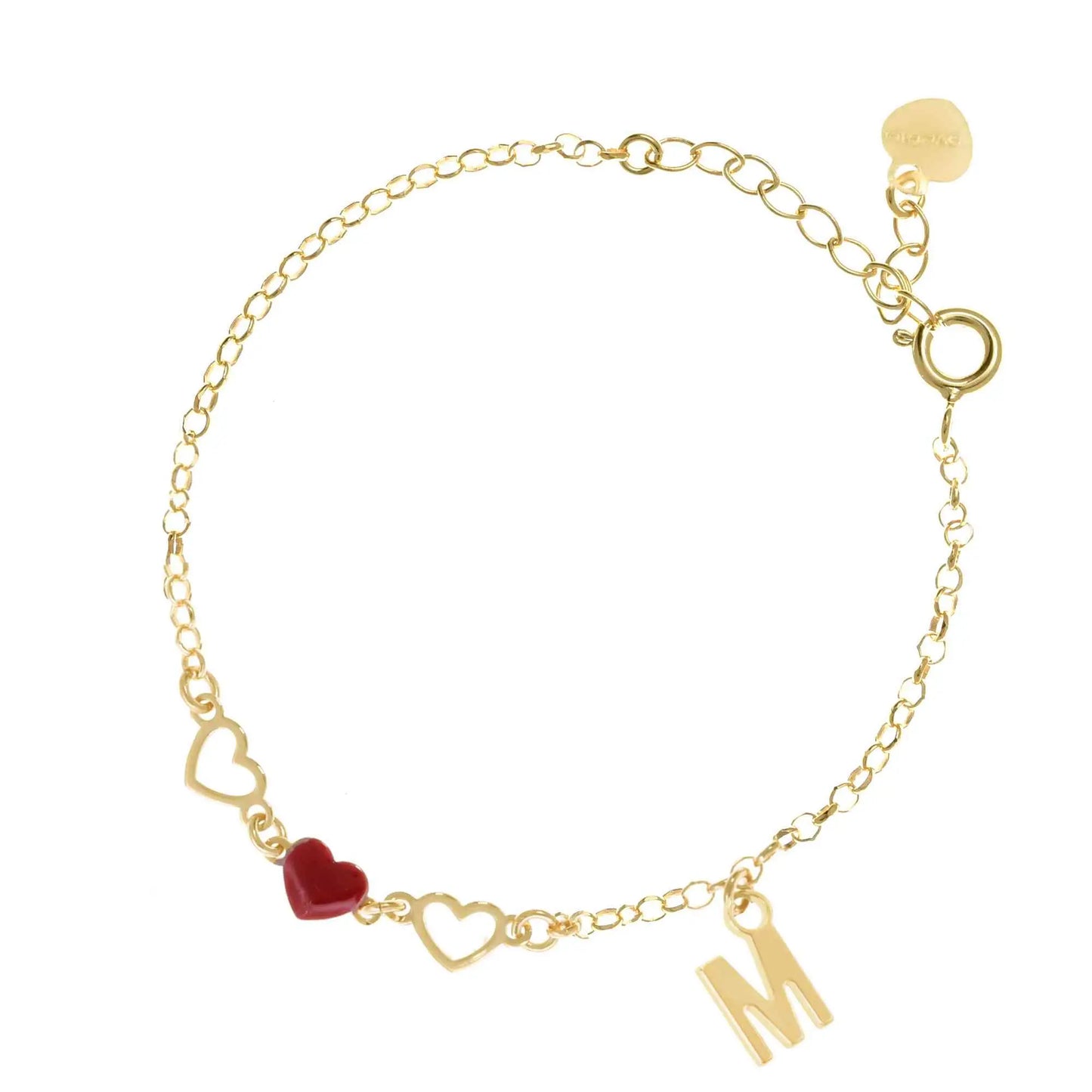 Bracciale regolabile in argento 925 dorato con due cuori sagomati, cuore smaltato rosso e letterina pendente.