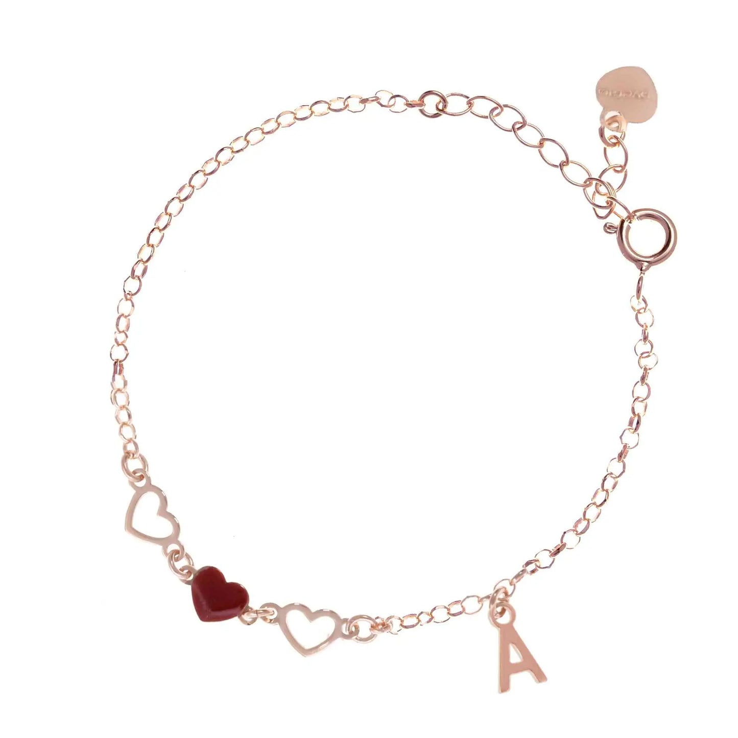 Bracciale regolabile in argento 925 rose’ con due cuori sagomati, cuore smaltato rosso e letterina pendente.