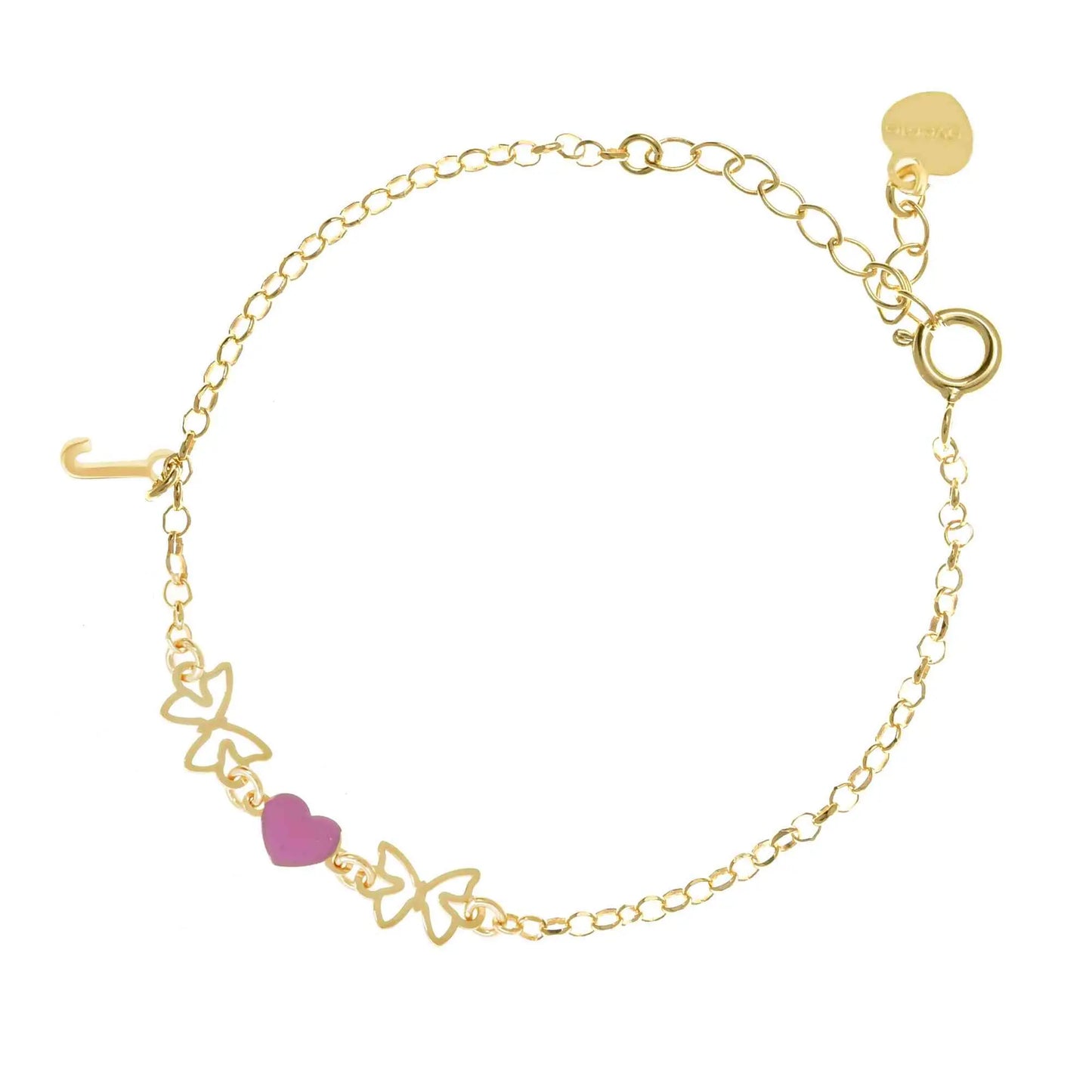 Bracciale regolabile in argento 925 dorato con due farfalline sagomate, cuore smaltato rosa e letterina pendente.