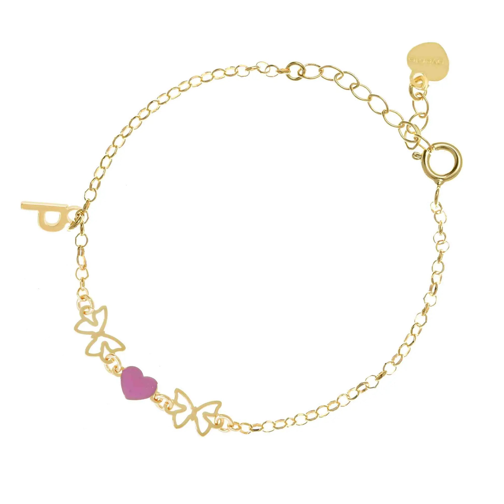 Bracciale regolabile in argento 925 dorato con due farfalline sagomate, cuore smaltato rosa e letterina pendente.