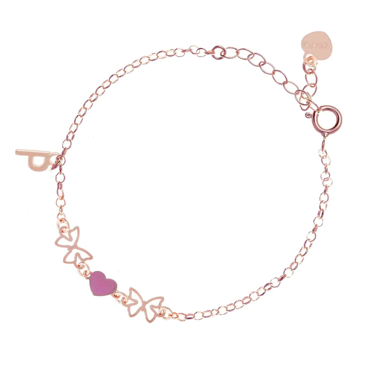 Bracciale regolabile in argento 925 rose’ con due farfalline sagomate, cuore smaltato rosa e letterina pendente.