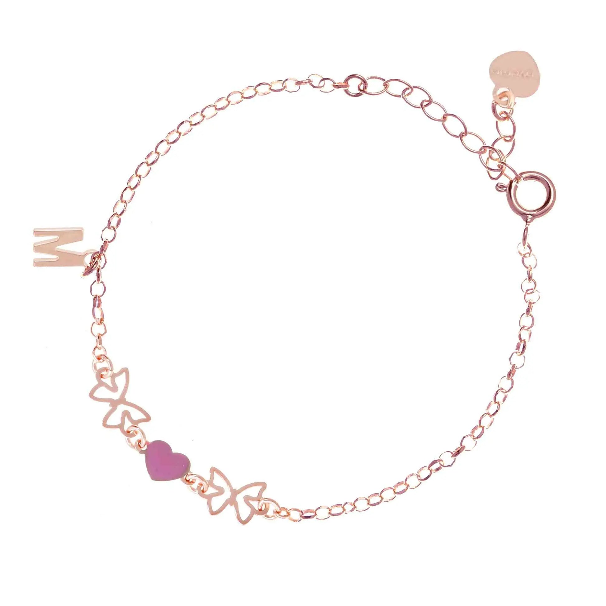 Bracciale regolabile in argento 925 rose’ con due farfalline sagomate, cuore smaltato rosa e letterina pendente.