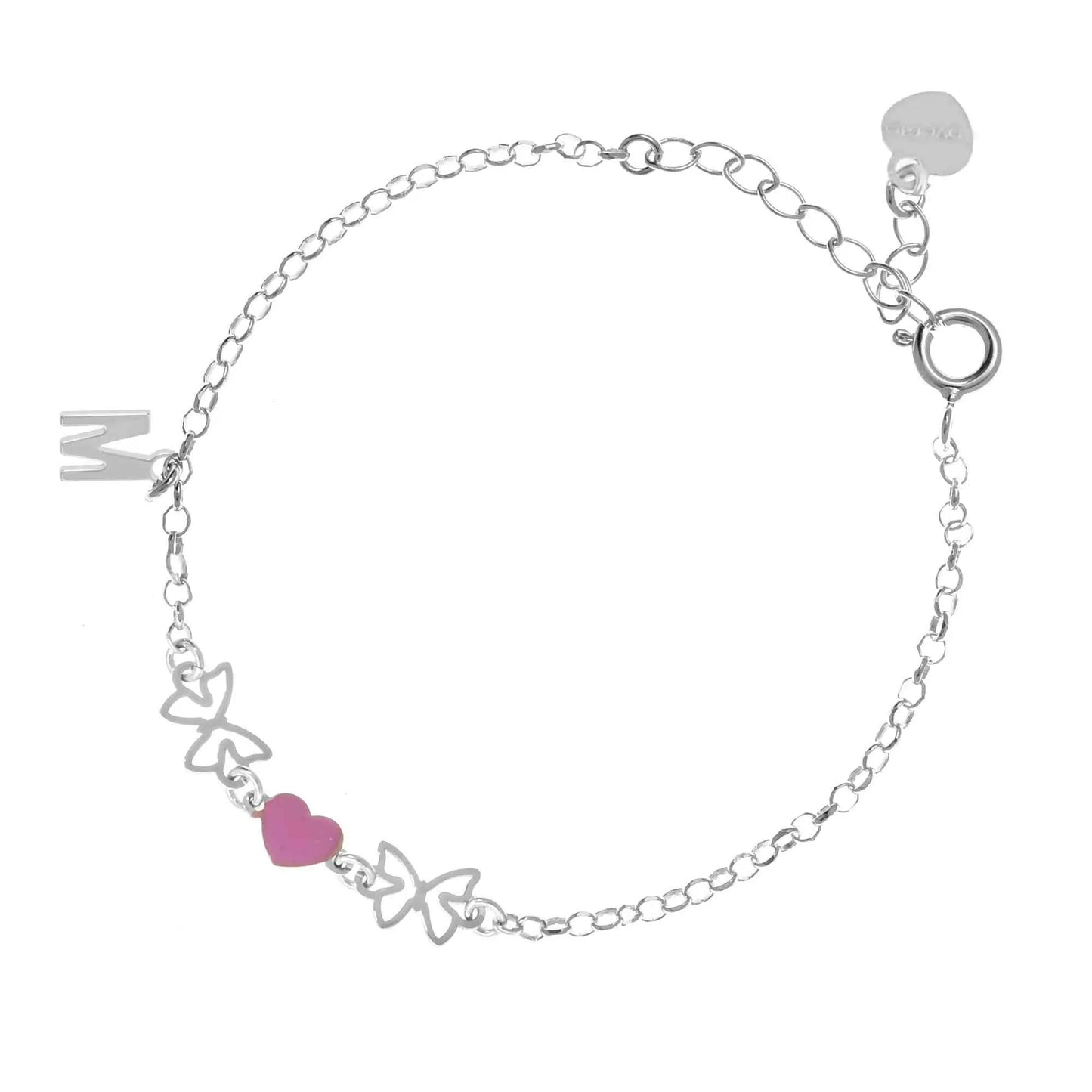 Bracciale regolabile in argento 925 rodiato con due farfalline sagomate, cuore smaltato rosa e letterina pendente.