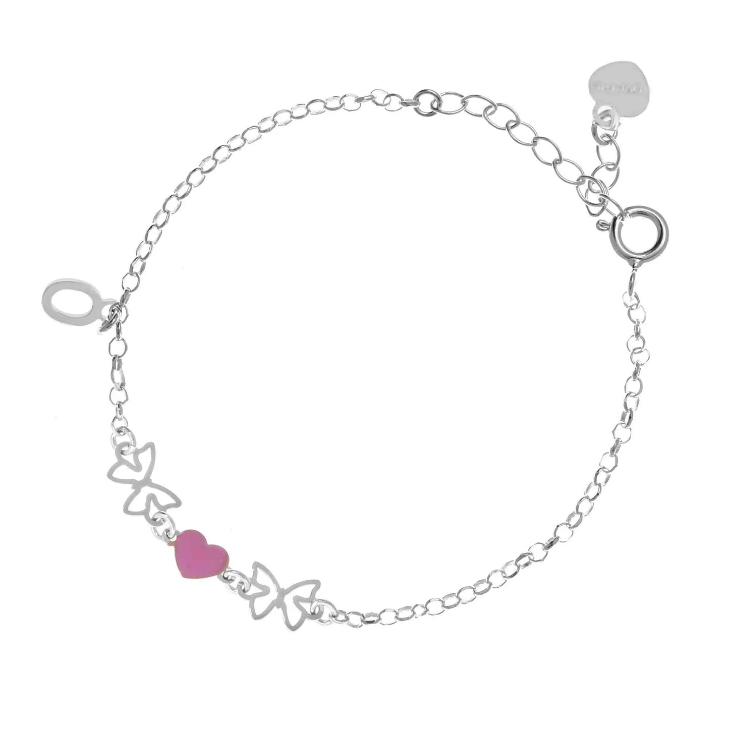 Bracciale regolabile in argento 925 rodiato con due farfalline sagomate, cuore smaltato rosa e letterina pendente.