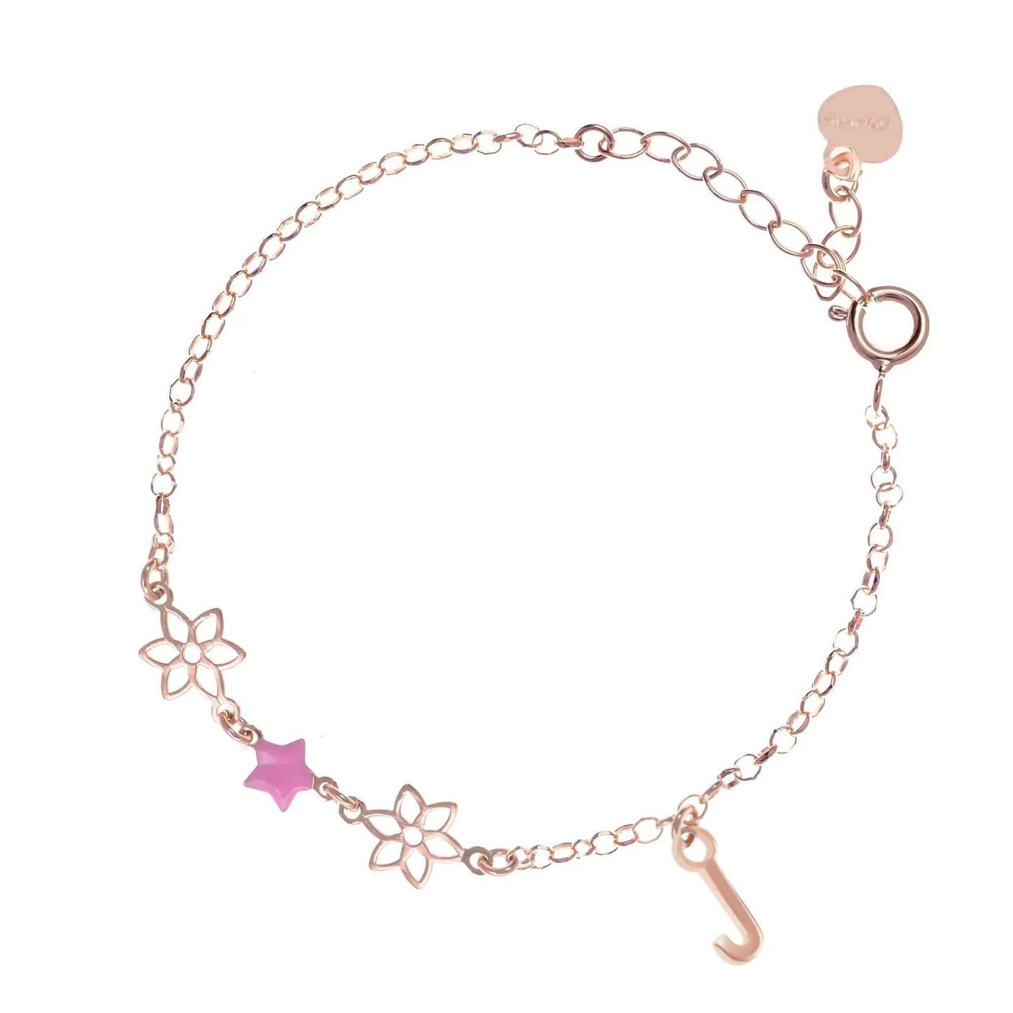 Bracciale regolabile in argento 925 rose’ con due fiorellini sagomati, stella smaltata rosa e letterina pendente.