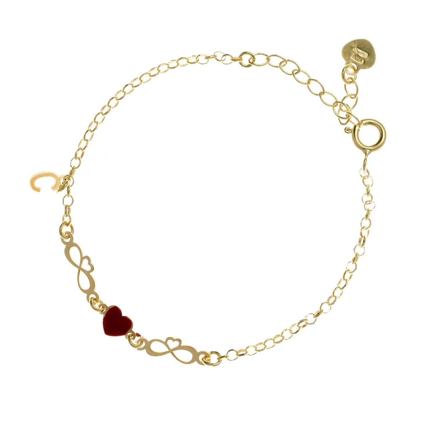 Bracciale regolabile in argento 925 dorato con due infinito sagomati, cuore smaltato rosso e letterina pendente.