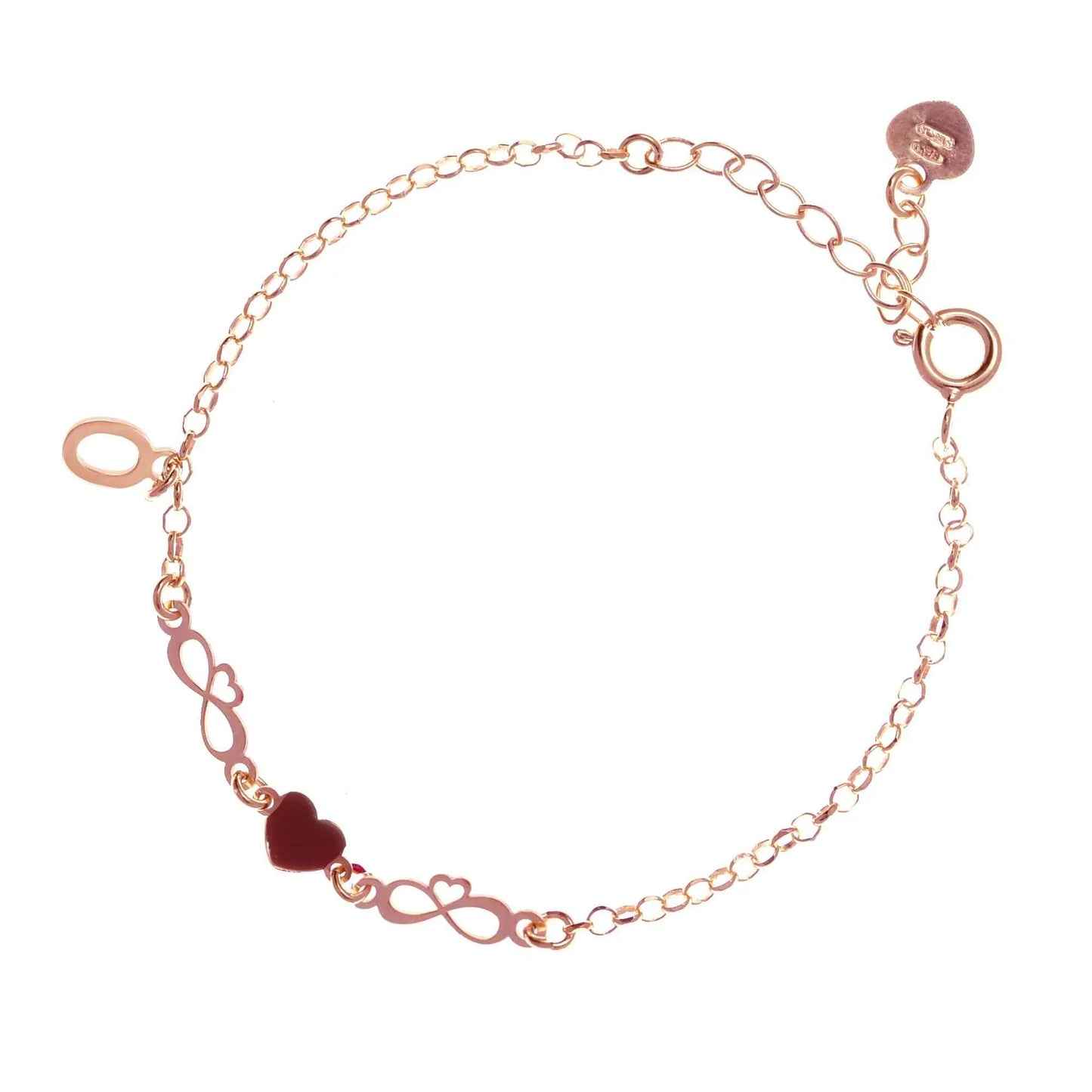 Bracciale regolabile in argento 925 rose’ con due infinito sagomati, cuore smaltato rosso e letterina pendente.