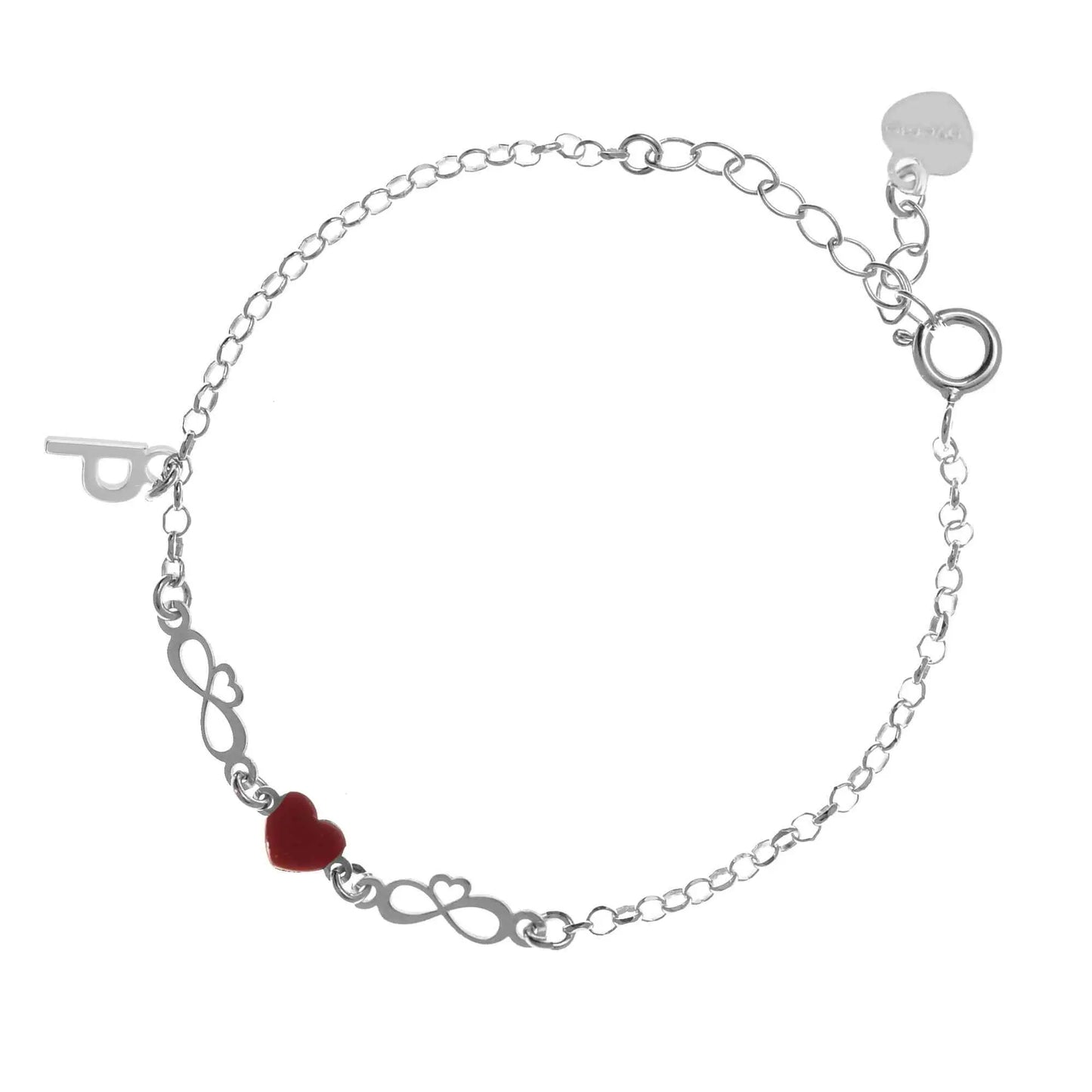 Bracciale regolabile in argento 925 rodiato con due infinito sagomati, cuore smaltato rosso e letterina pendente.