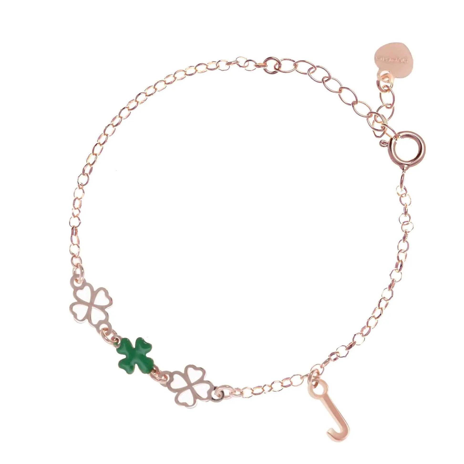 Bracciale regolabile in argento 925 rose’ con due quadrifogli sagomati, un quadrifoglio smaltato verde e letterina pendente.