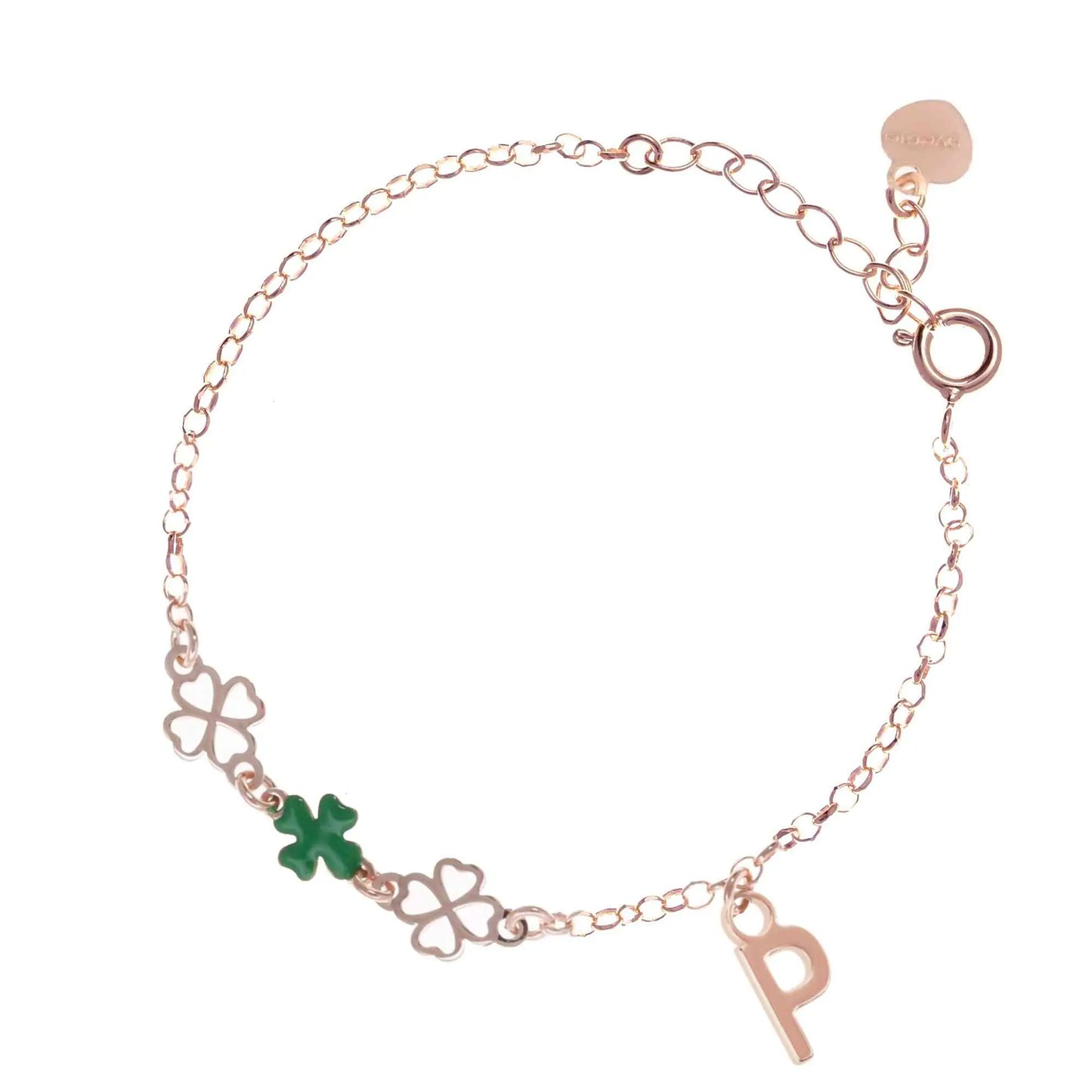 Bracciale regolabile in argento 925 rose’ con due quadrifogli sagomati, un quadrifoglio smaltato verde e letterina pendente.