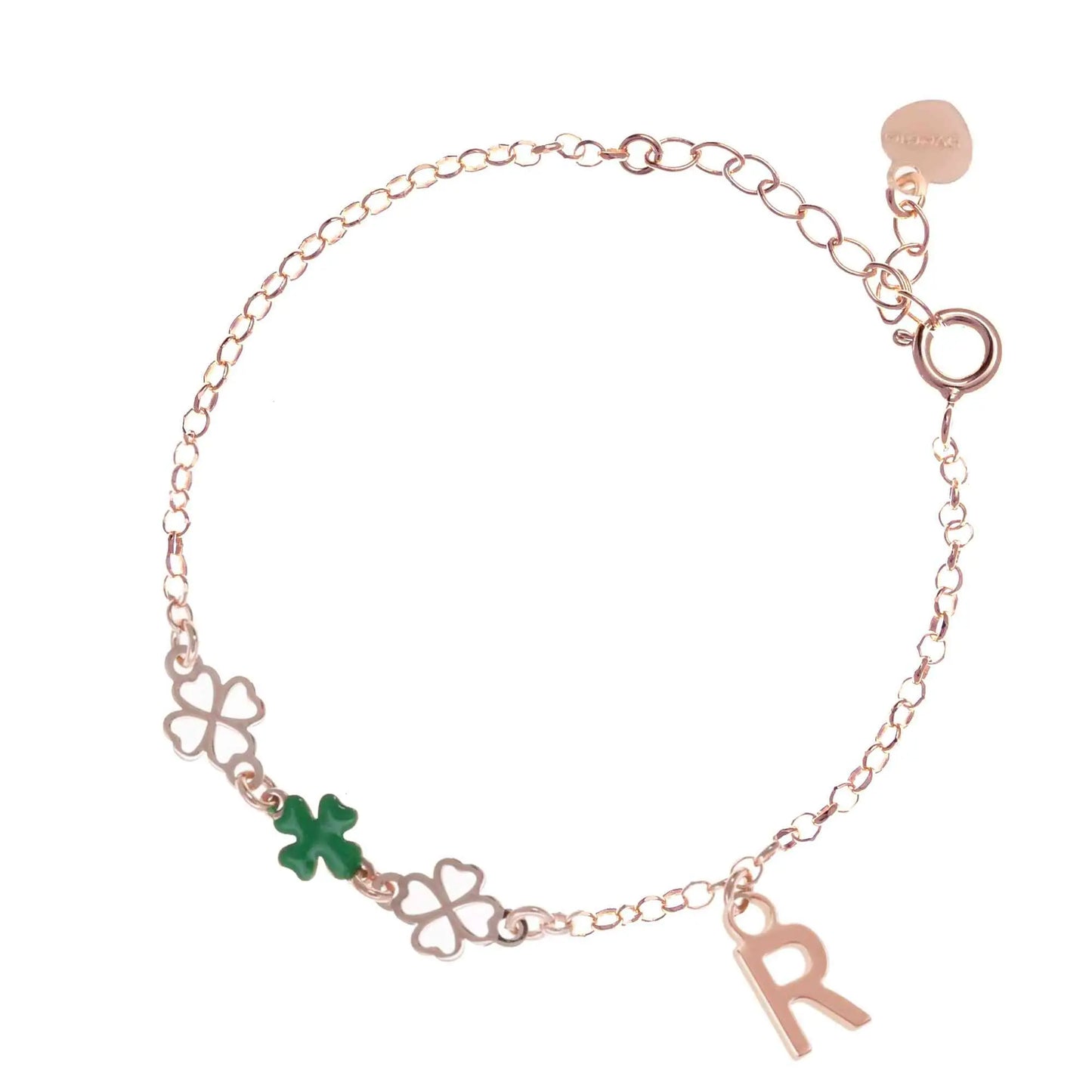 Bracciale regolabile in argento 925 rose’ con due quadrifogli sagomati, un quadrifoglio smaltato verde e letterina pendente.