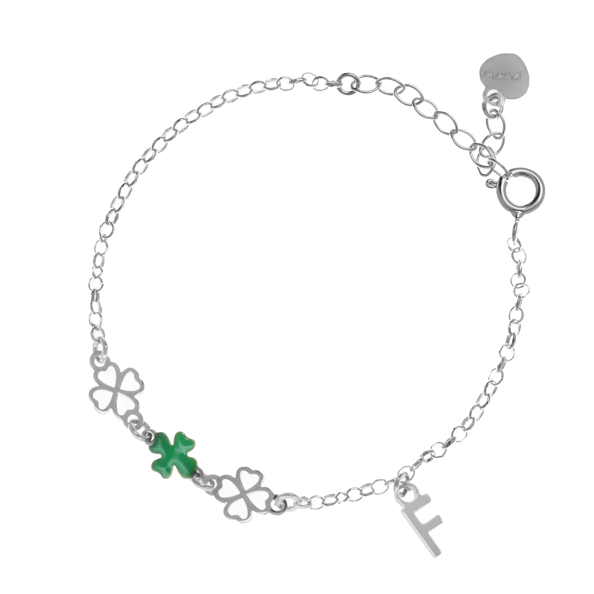 Bracciale regolabile in argento 925 rodiato con due quadrifogli sagomati, un quadrifoglio smaltato verde e letterina pendente.