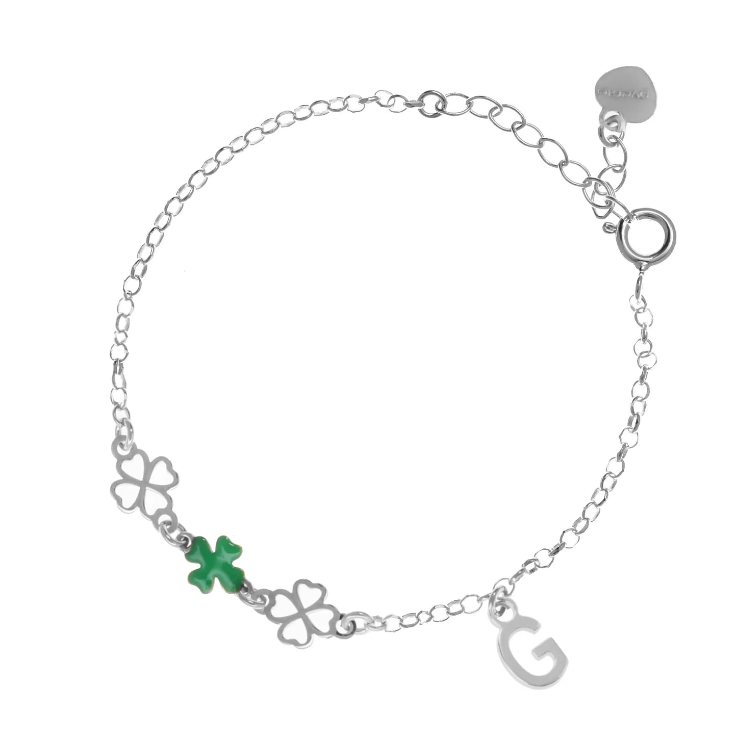 Bracciale regolabile in argento 925 rodiato con due quadrifogli sagomati, un quadrifoglio smaltato verde e letterina pendente.