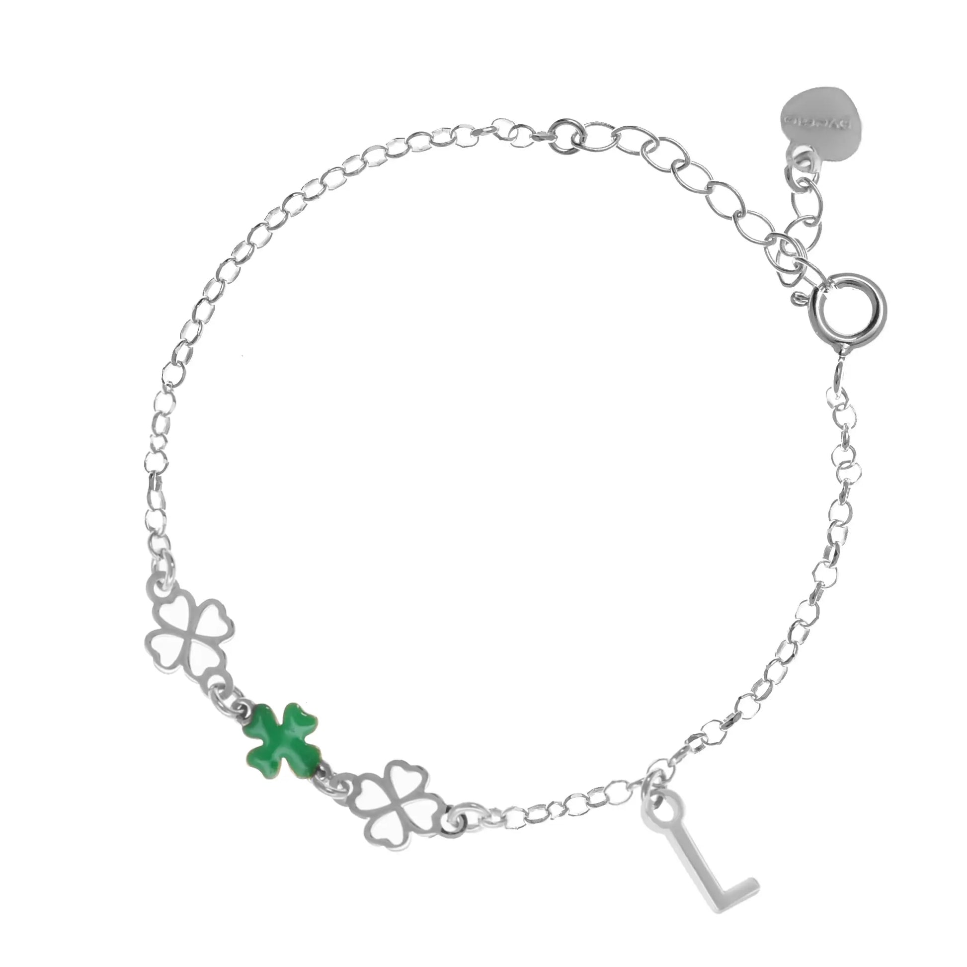 Bracciale regolabile in argento 925 rodiato con due quadrifogli sagomati, un quadrifoglio smaltato verde e letterina pendente.