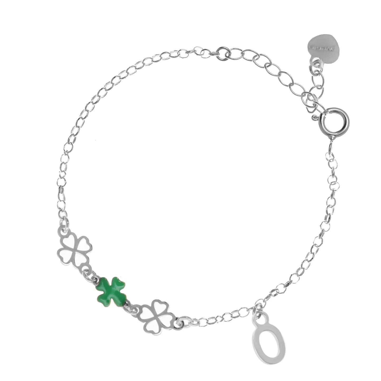 Bracciale regolabile in argento 925 rodiato con due quadrifogli sagomati, un quadrifoglio smaltato verde e letterina pendente.