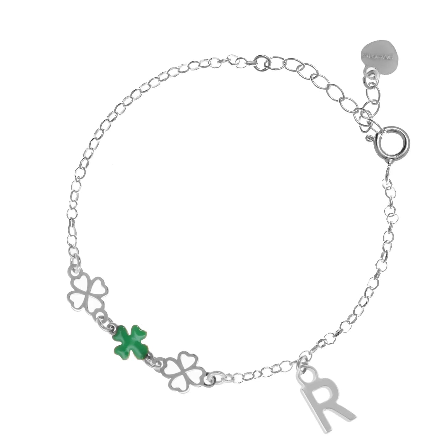 Bracciale regolabile in argento 925 rodiato con due quadrifogli sagomati, un quadrifoglio smaltato verde e letterina pendente.