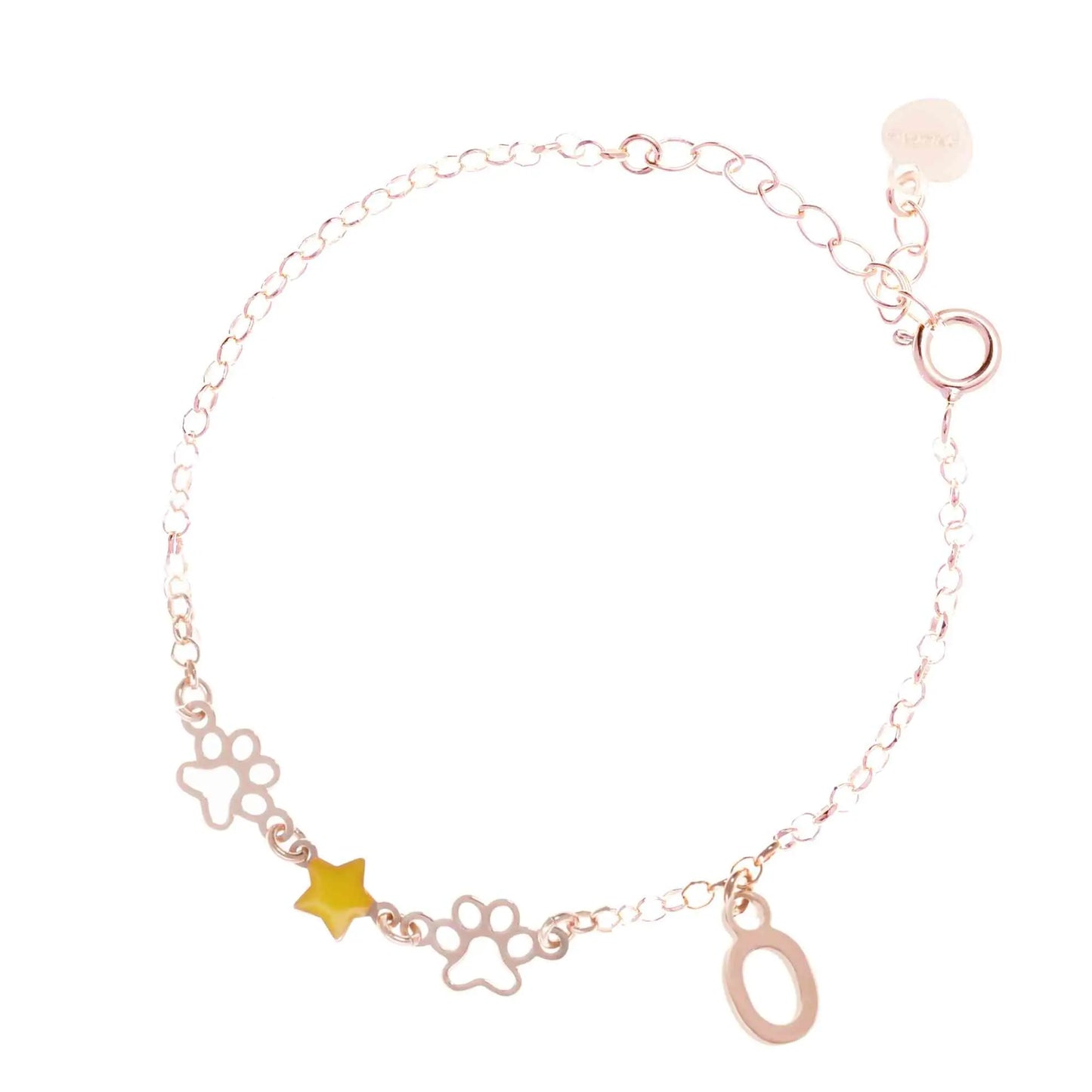 Bracciale regolabile in argento 925 rose’ con due zampine sagomate, stella smaltata gialla e letterina pendente.