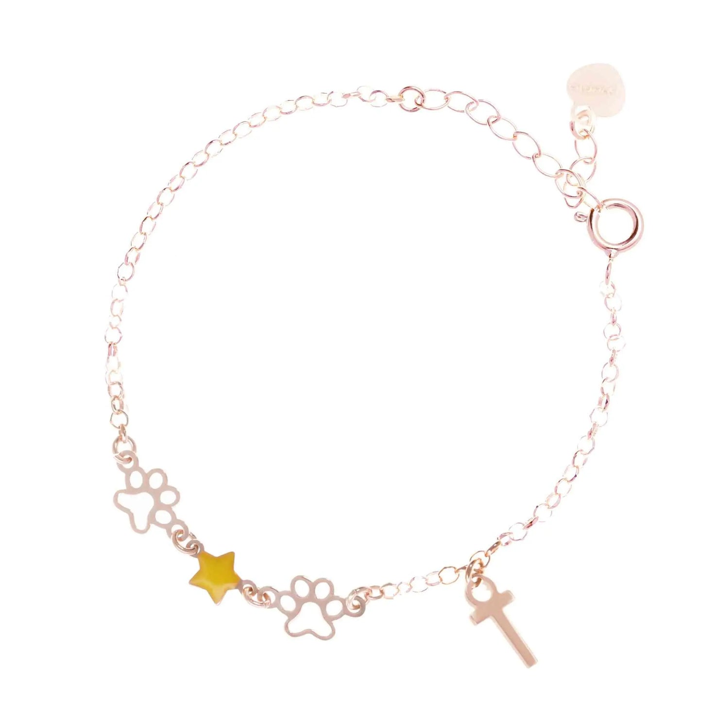 Bracciale regolabile in argento 925 rose’ con due zampine sagomate, stella smaltata gialla e letterina pendente.