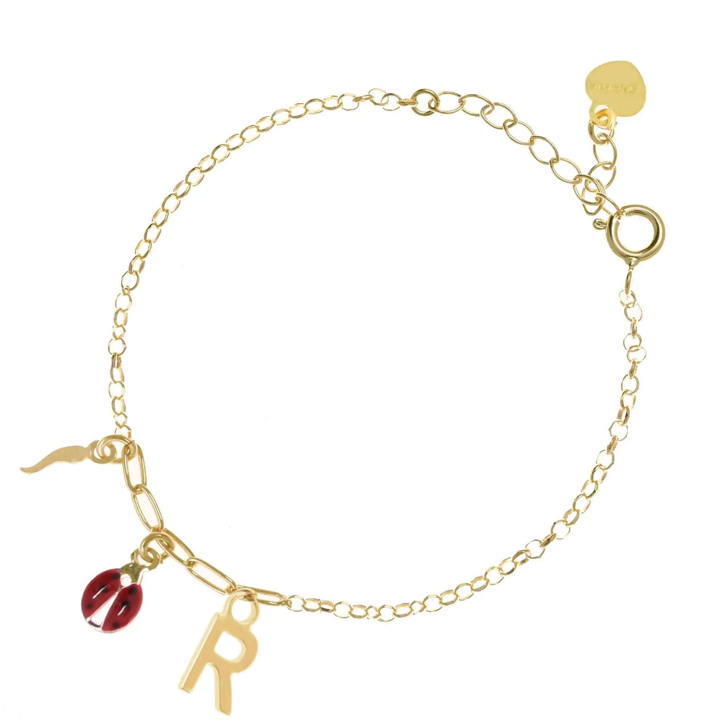 Bracciale regolabile in argento 925 dorato con coccinella smaltata rossa, cornetto lucido e letterina pendente.