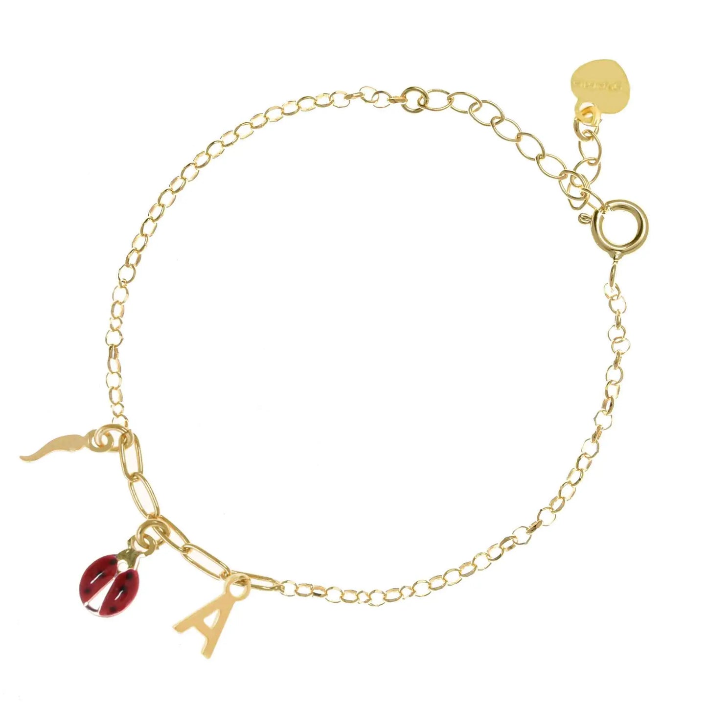 Bracciale regolabile in argento 925 dorato con coccinella smaltata rossa, cornetto lucido e letterina pendente.