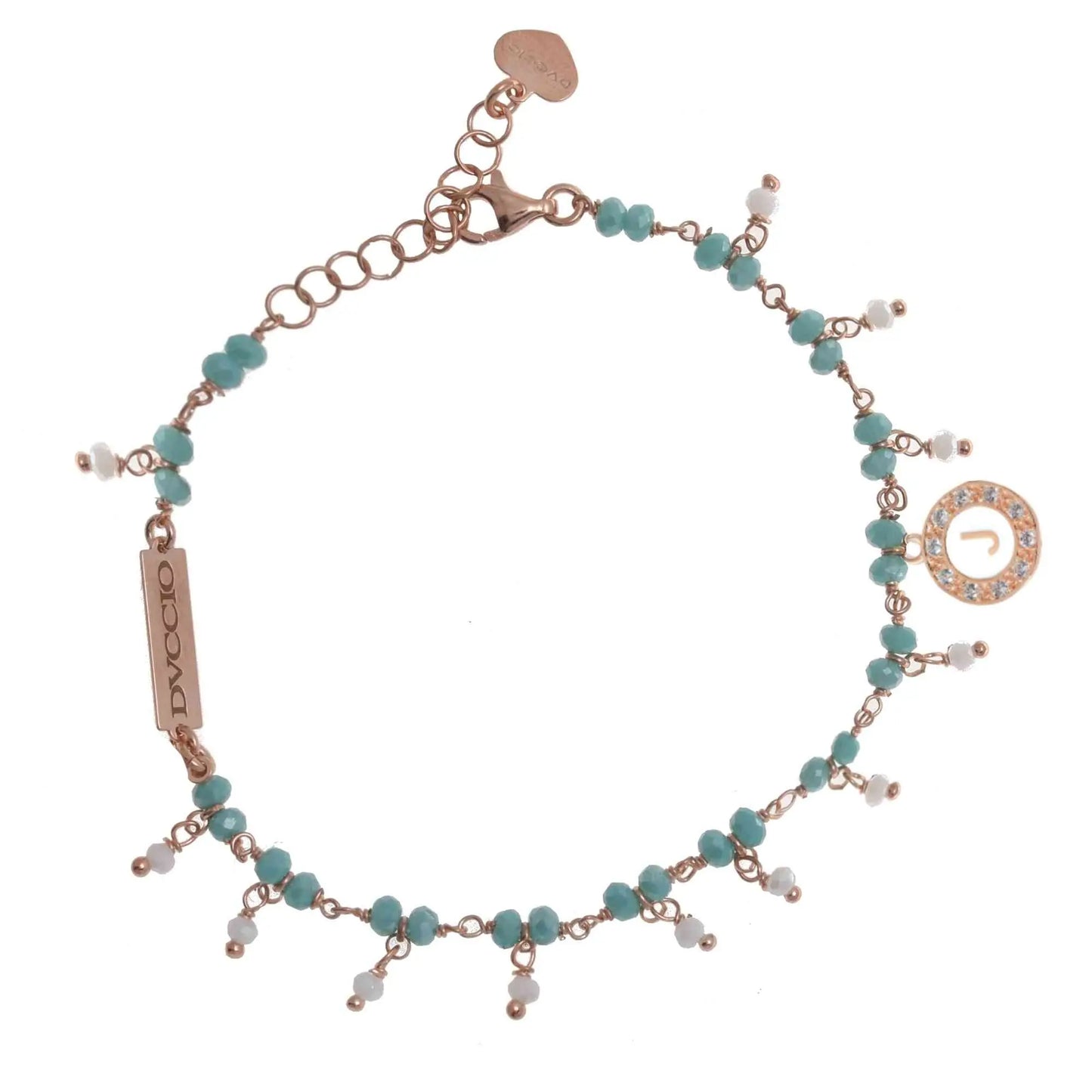 Bracciale in argento 925 rosato con pietre naturali celesti fiordaliso e blu cangiante.