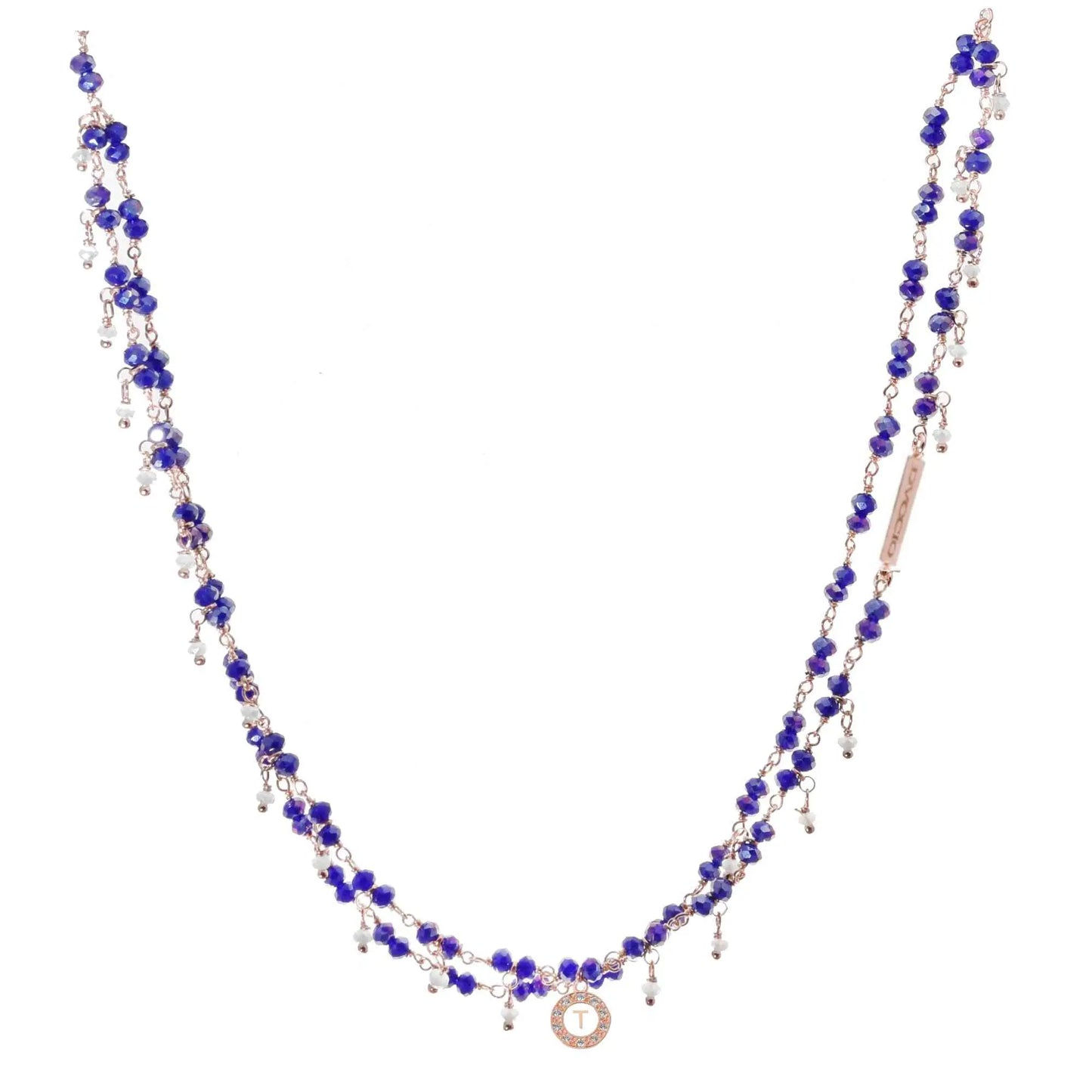 Collana 2 fili in argento 925 rosato con pietre naturali blu e quarzo celeste