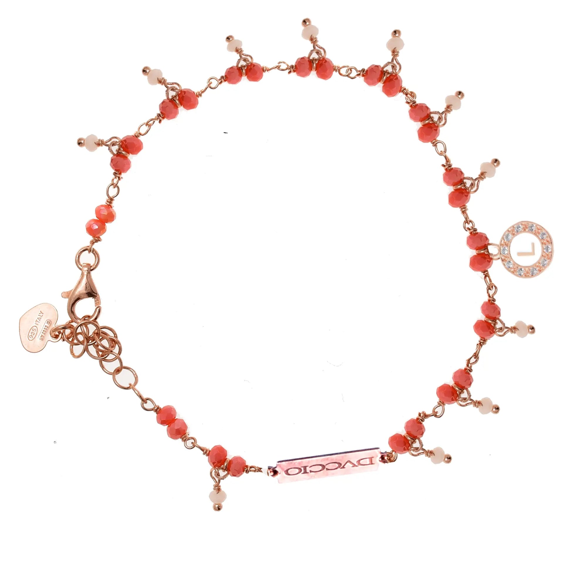 Bracciale in Argento 925 rosato con pietre naturali corallo e quarzo rosa