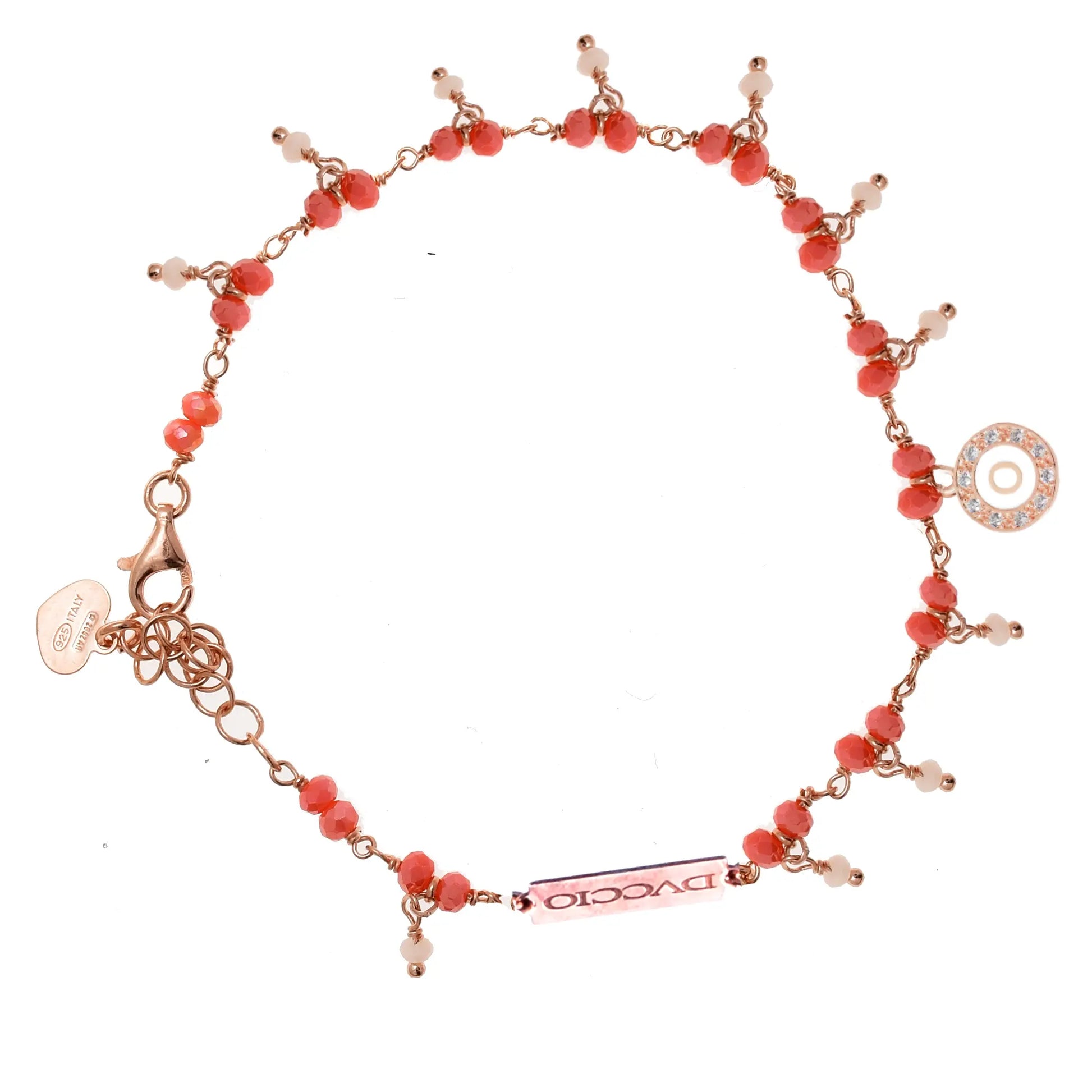 Bracciale in Argento 925 rosato con pietre naturali corallo e quarzo rosa