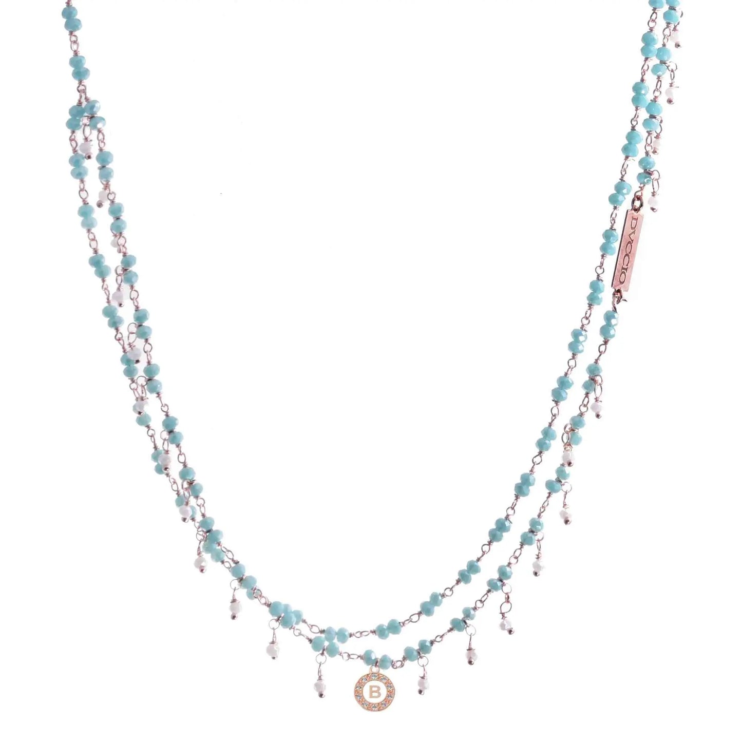 Collana 2 fili in argento 925 rosato con pietre naturali celesti fiordaliso e blu cangiante