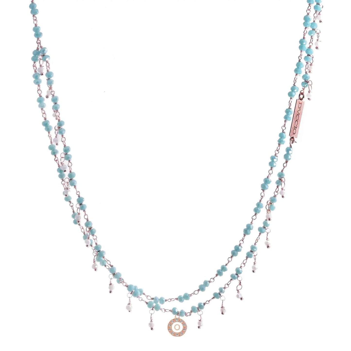 Collana 2 fili in argento 925 rosato con pietre naturali celesti fiordaliso e blu cangiante