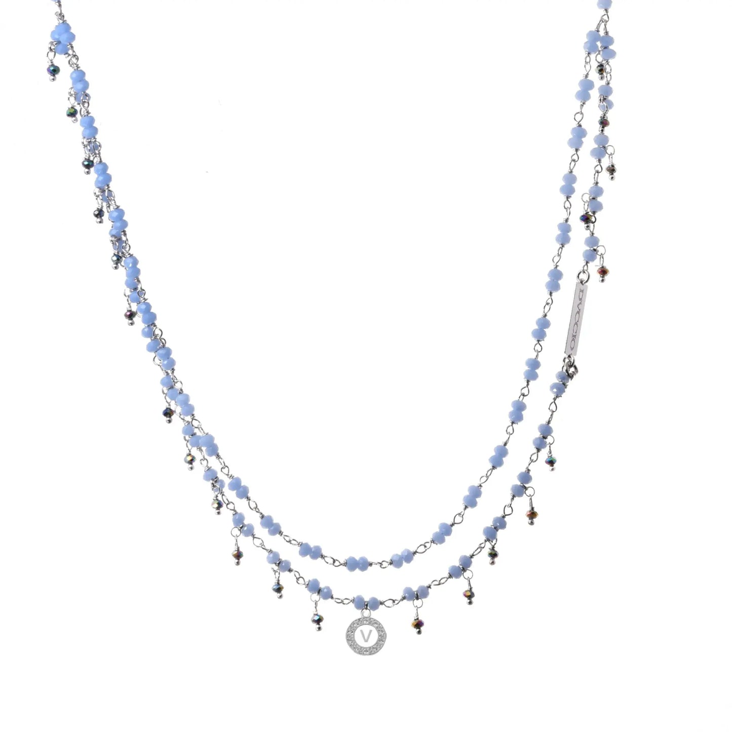 Collana 2 fili in argento 925 rodio con pietre naturali celesti fiordaliso e blu cangiante