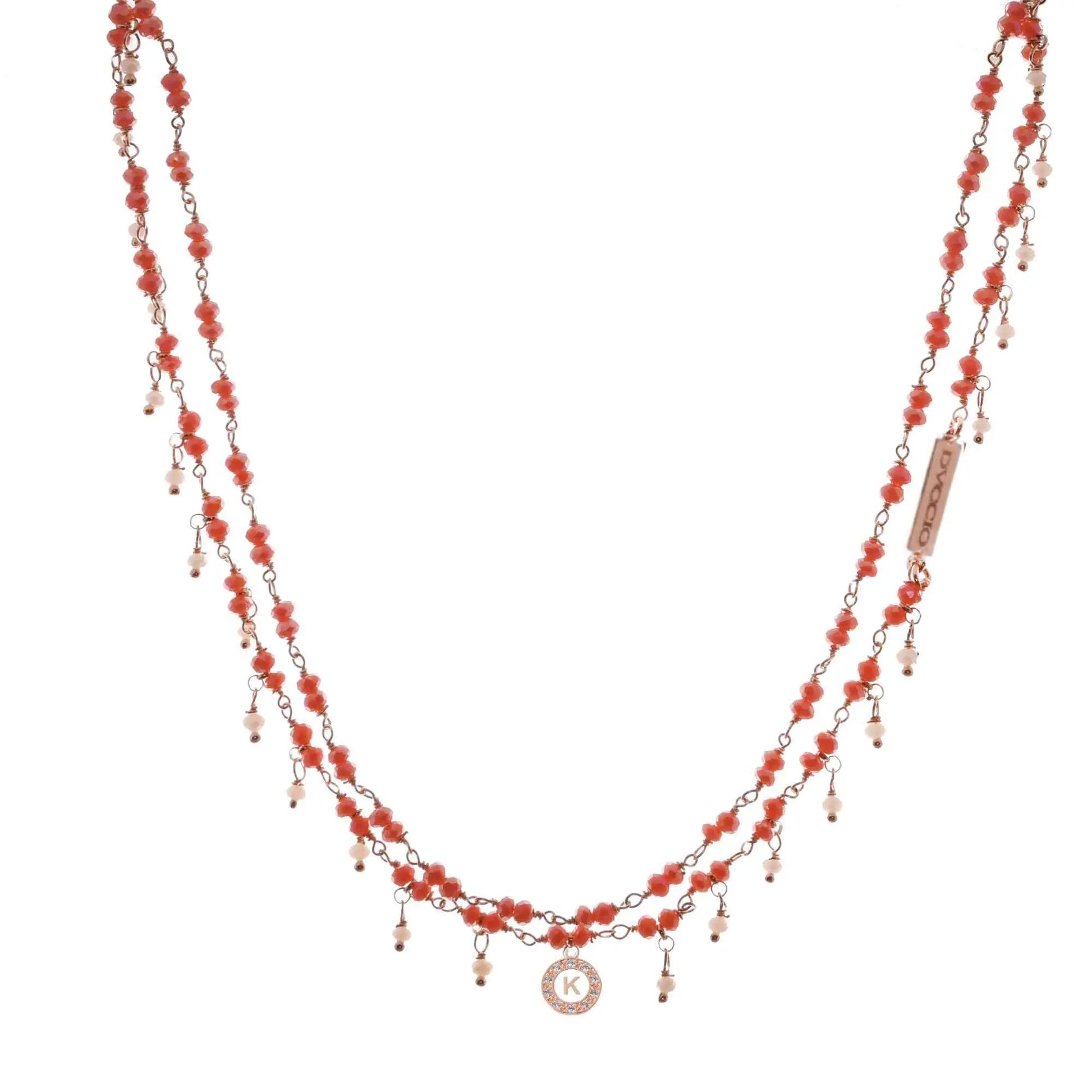 Collana 2 fili in argento 925 rosato con pietre naturali corallo e quarzo bianco