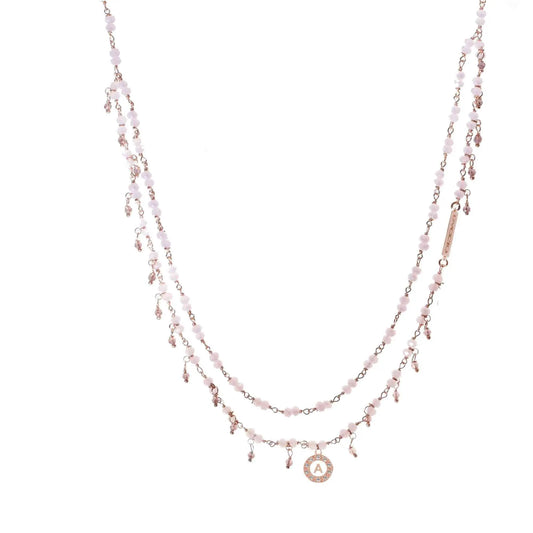 Collana 2 fili in Argento 925 rosato con pietre naturali corallo rosa e quarzo cipria