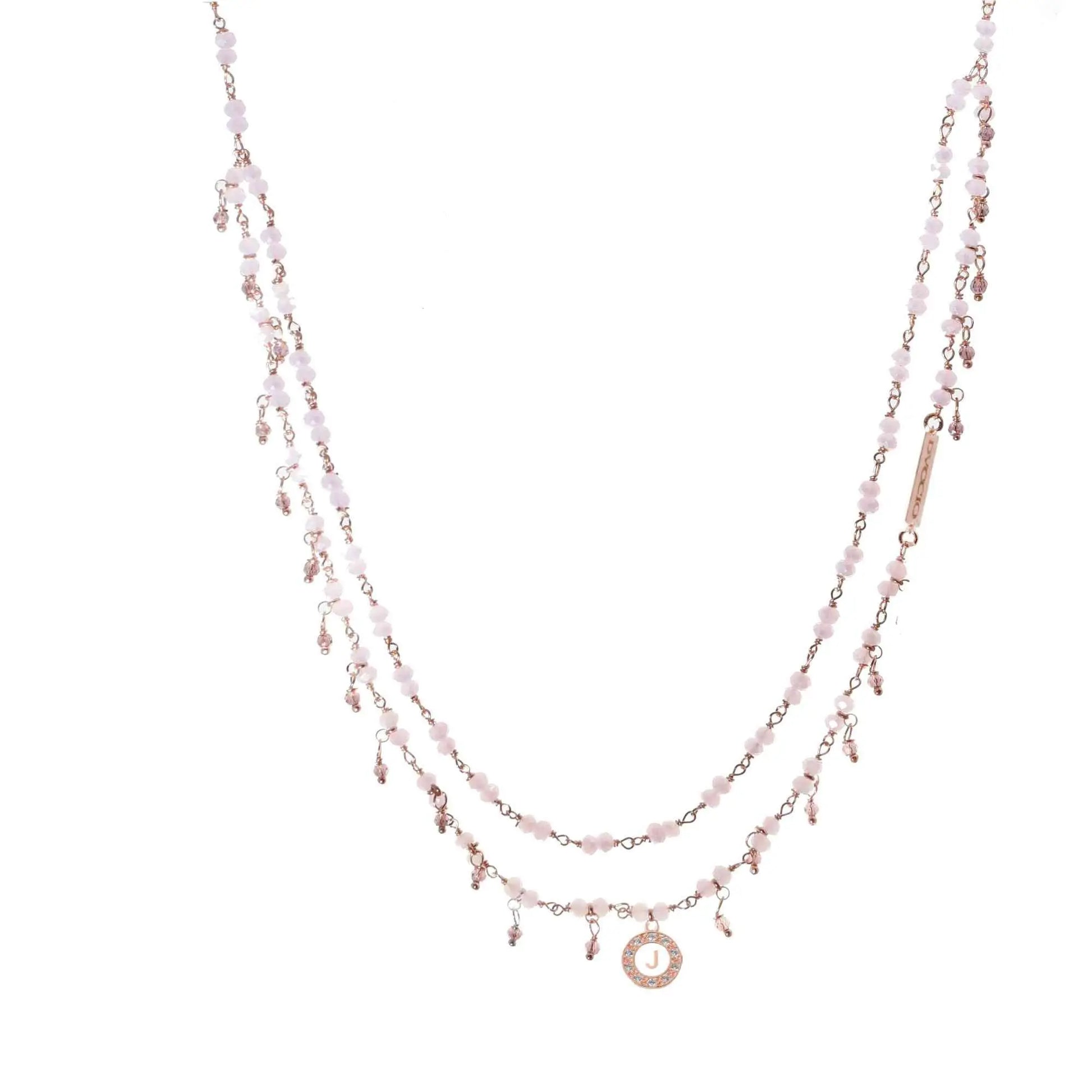 Collana 2 fili in Argento 925 rosato con pietre naturali corallo rosa e quarzo cipria