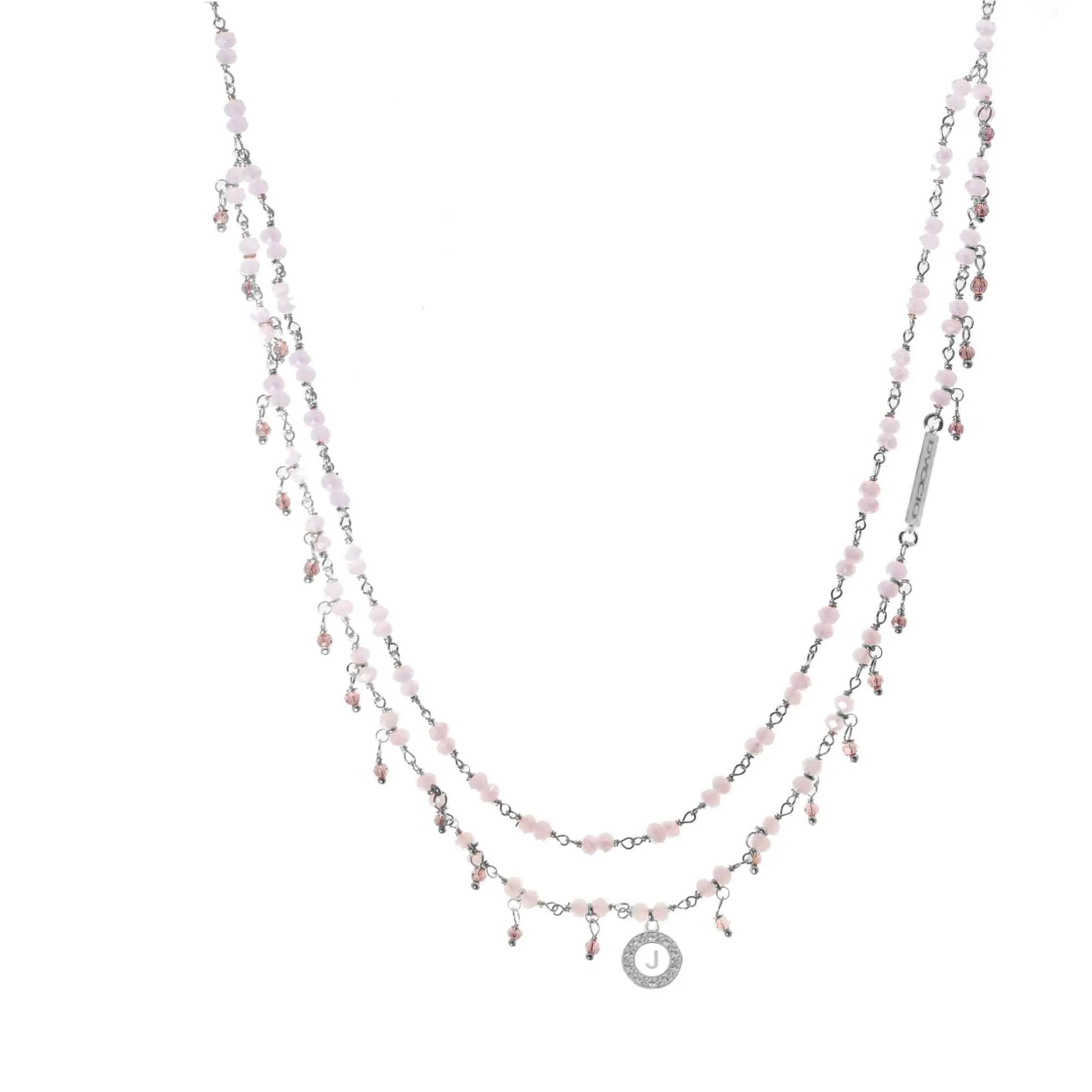 Collana 2 fili in Argento 925 rodio con pietre naturali corallo rosa e quarzo cipria