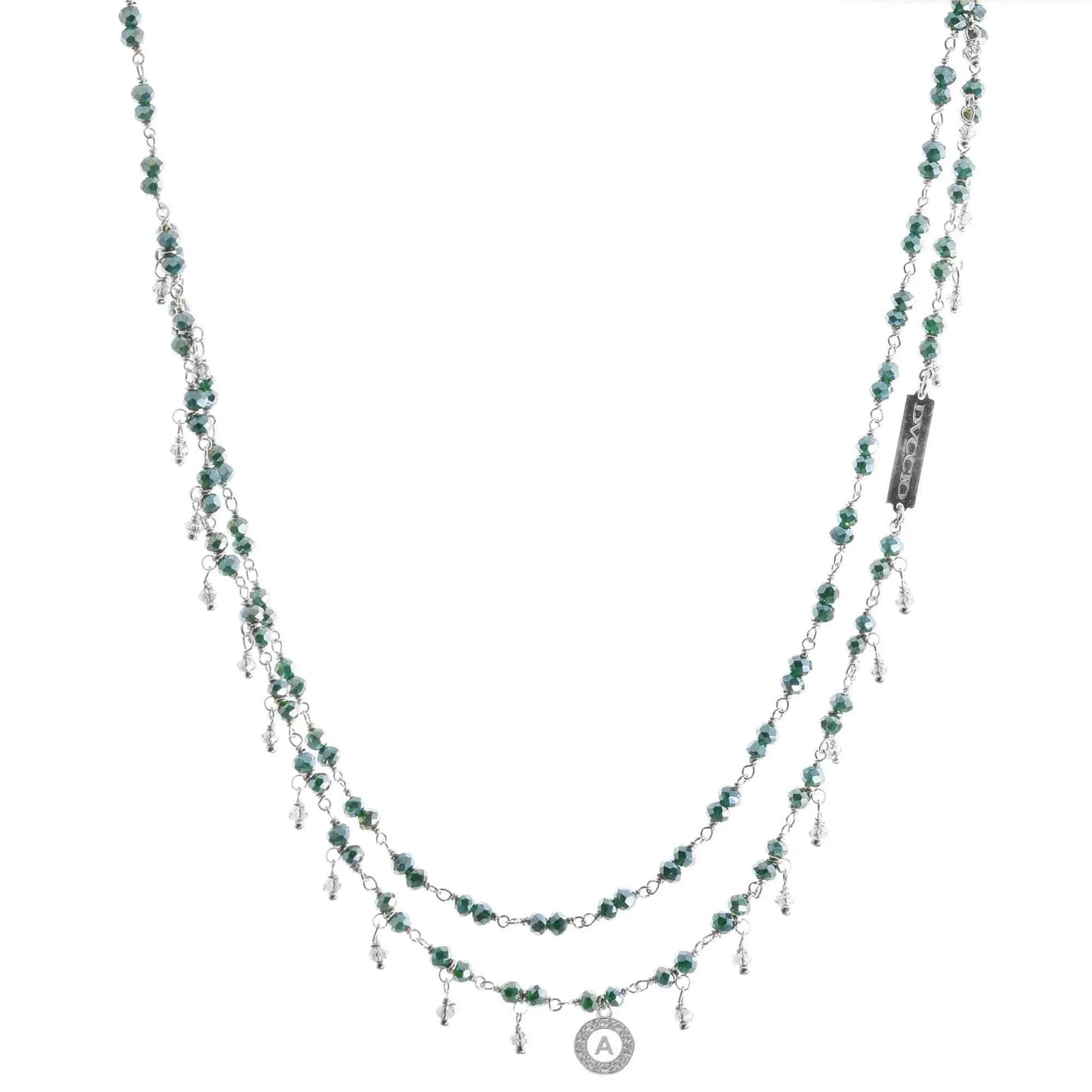 Collana 2 fili in Argento 925 rodio con pietre naturali verde smeraldo e verde primavera