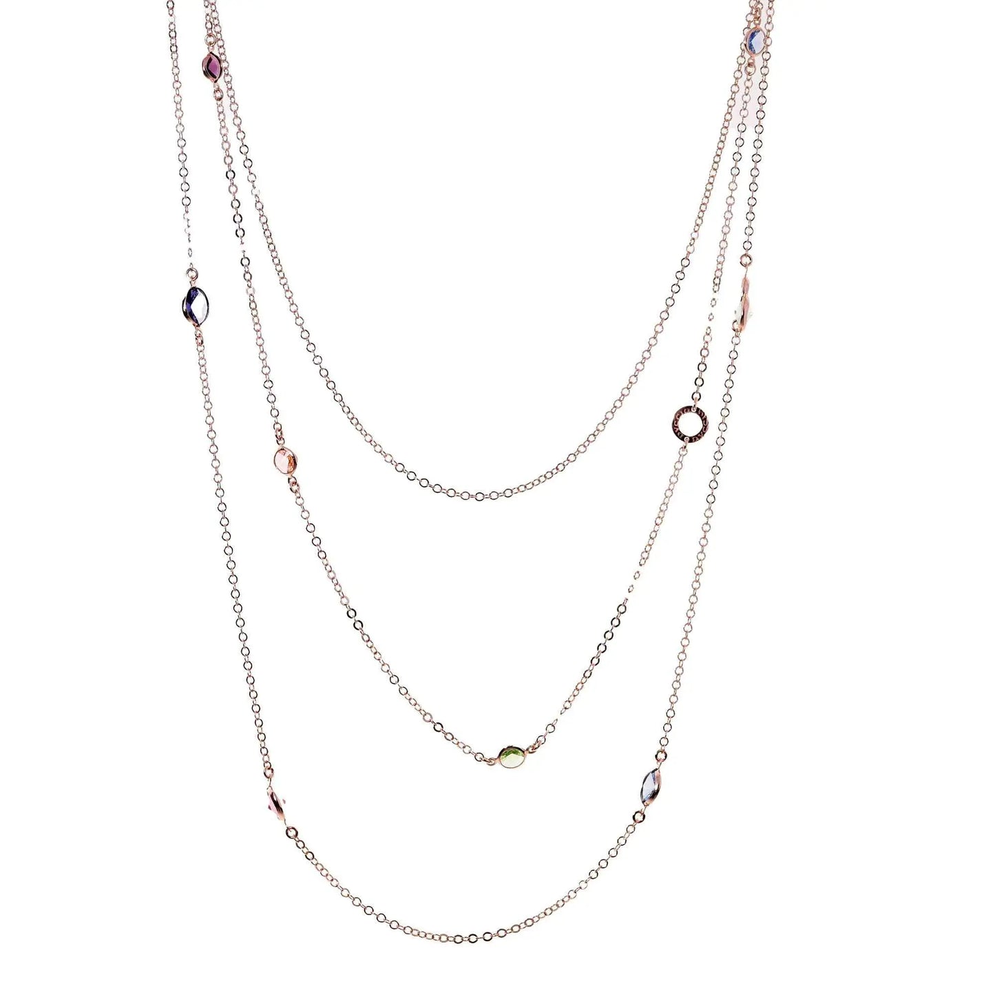 Collana Jordan a 3 Fili lunga in Argento 925 con placcatura in oro rosa e cristalli naturali multicolor
