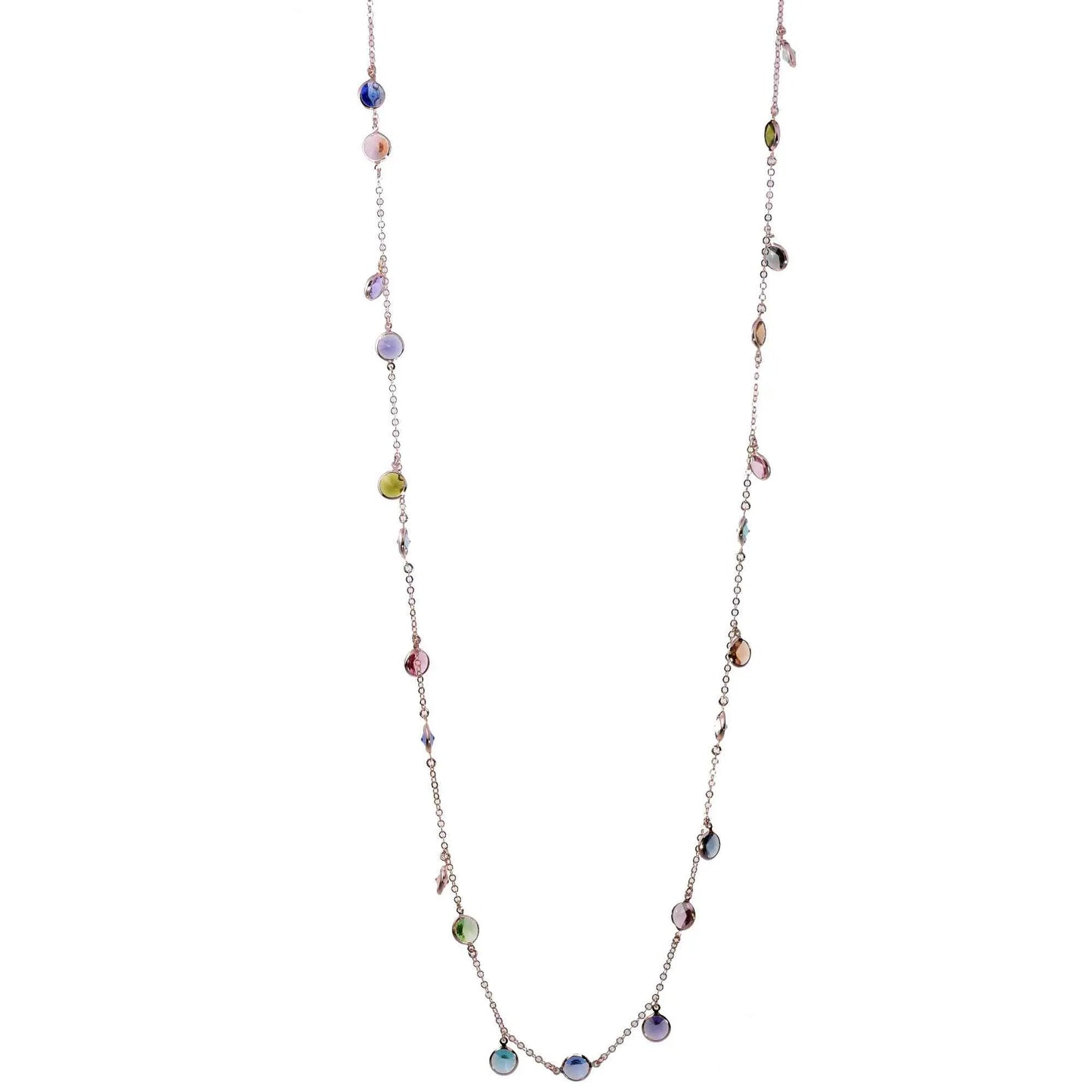 Collana Lunga Jordan in Argento 925 con placcatura in oro bianco e cristalli multicolor alternati a seguire e pendenti