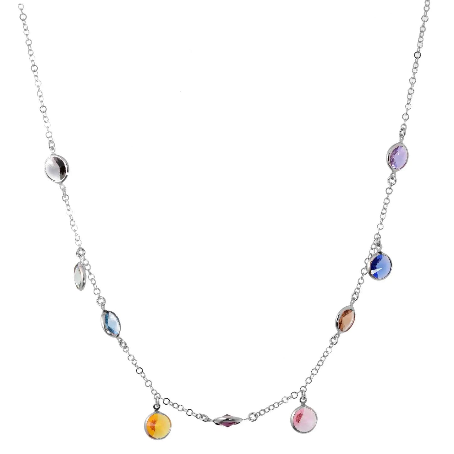 Girocollo Jordan in Argento 925 con placcatura in oro bianco e cristalli naturali multicolor alternati a seguire e pendenti