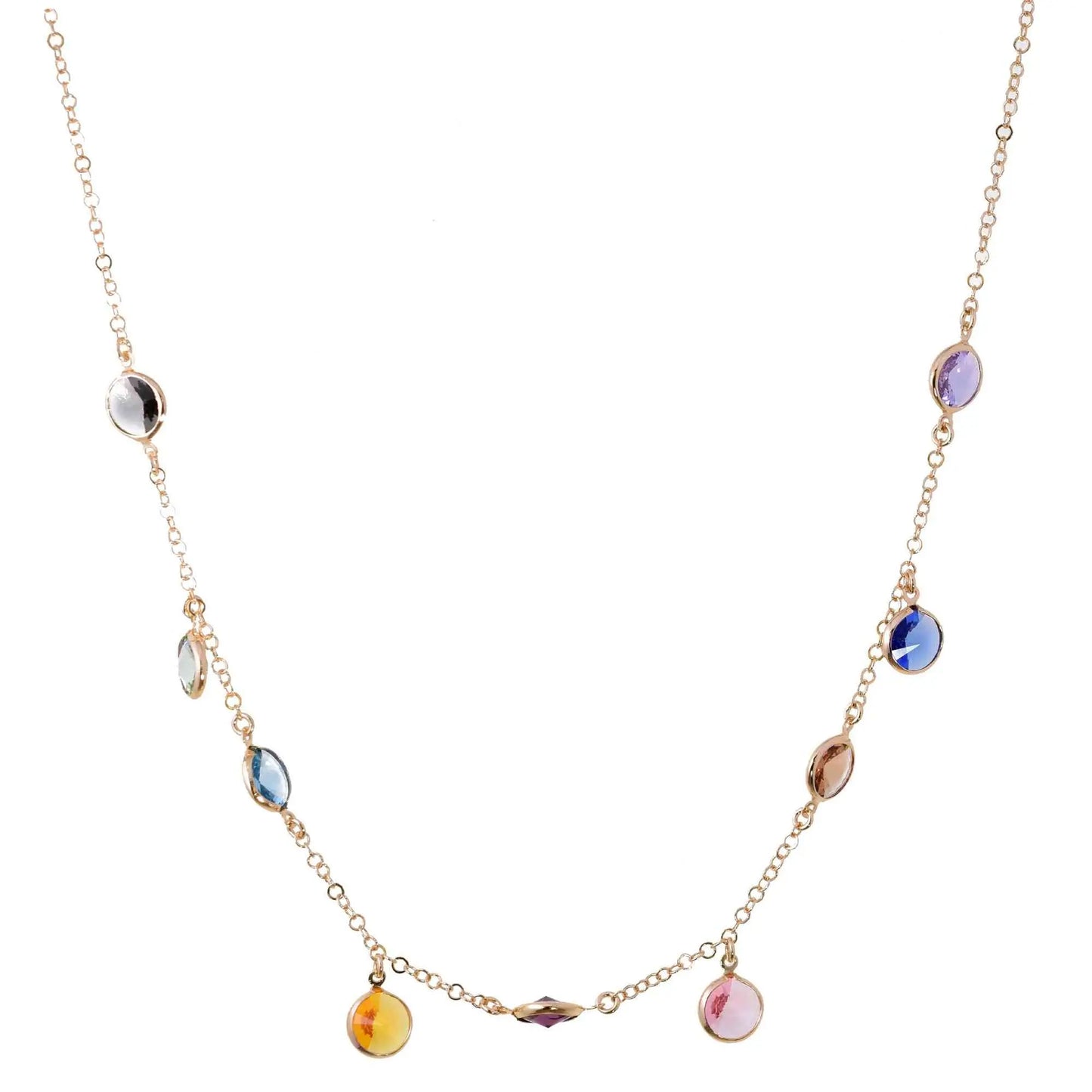 Girocollo Jordan in Argento 925 con placcatura in oro giallo e cristalli naturali multicolor alternati a seguire e pendenti