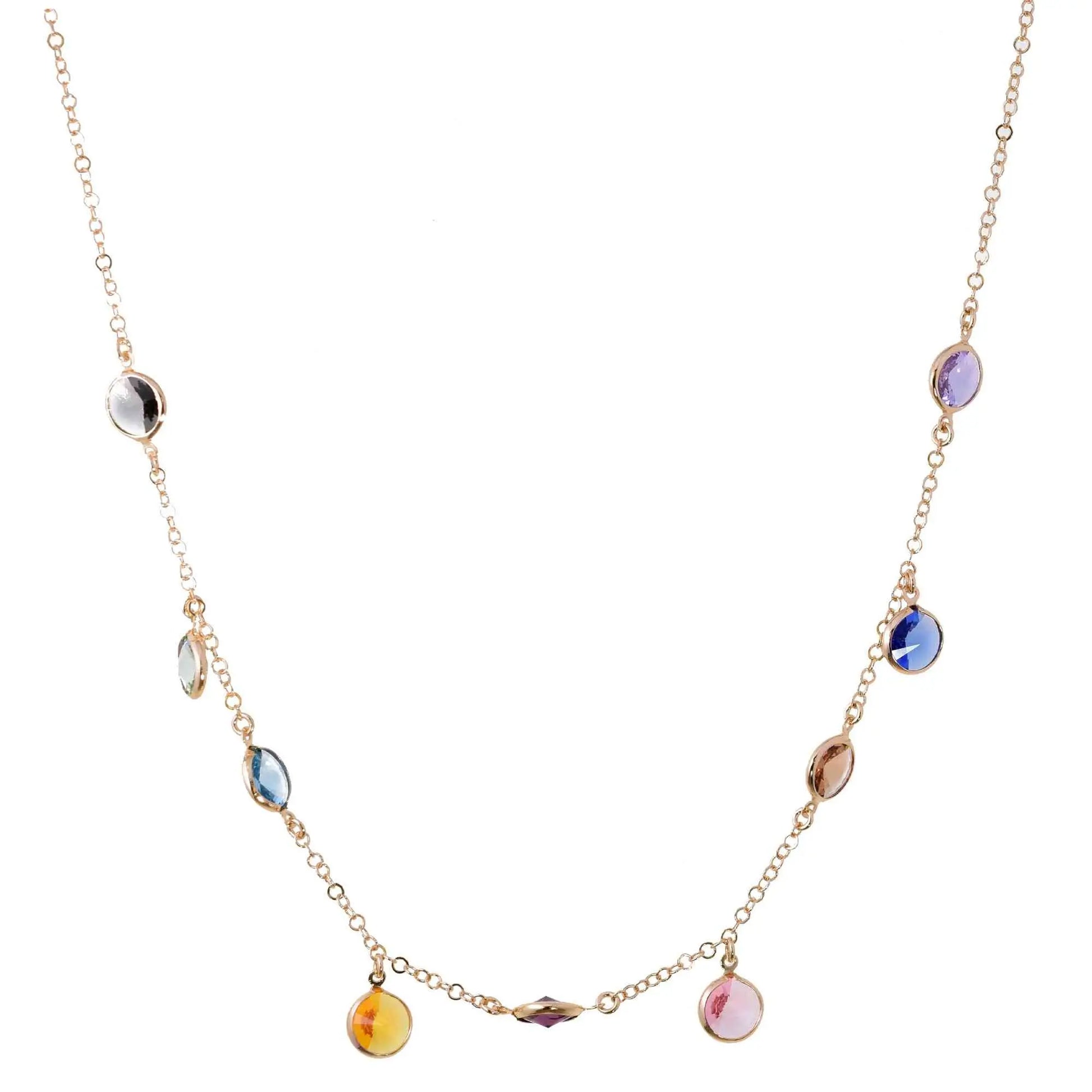 Girocollo Jordan in Argento 925 con placcatura in oro giallo e cristalli naturali multicolor alternati a seguire e pendenti