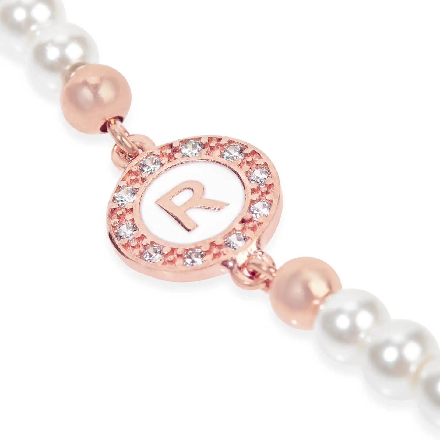 Bracciale Grace in argento 925 placcato in oro rosa regolabile con perle e lettera a seguire