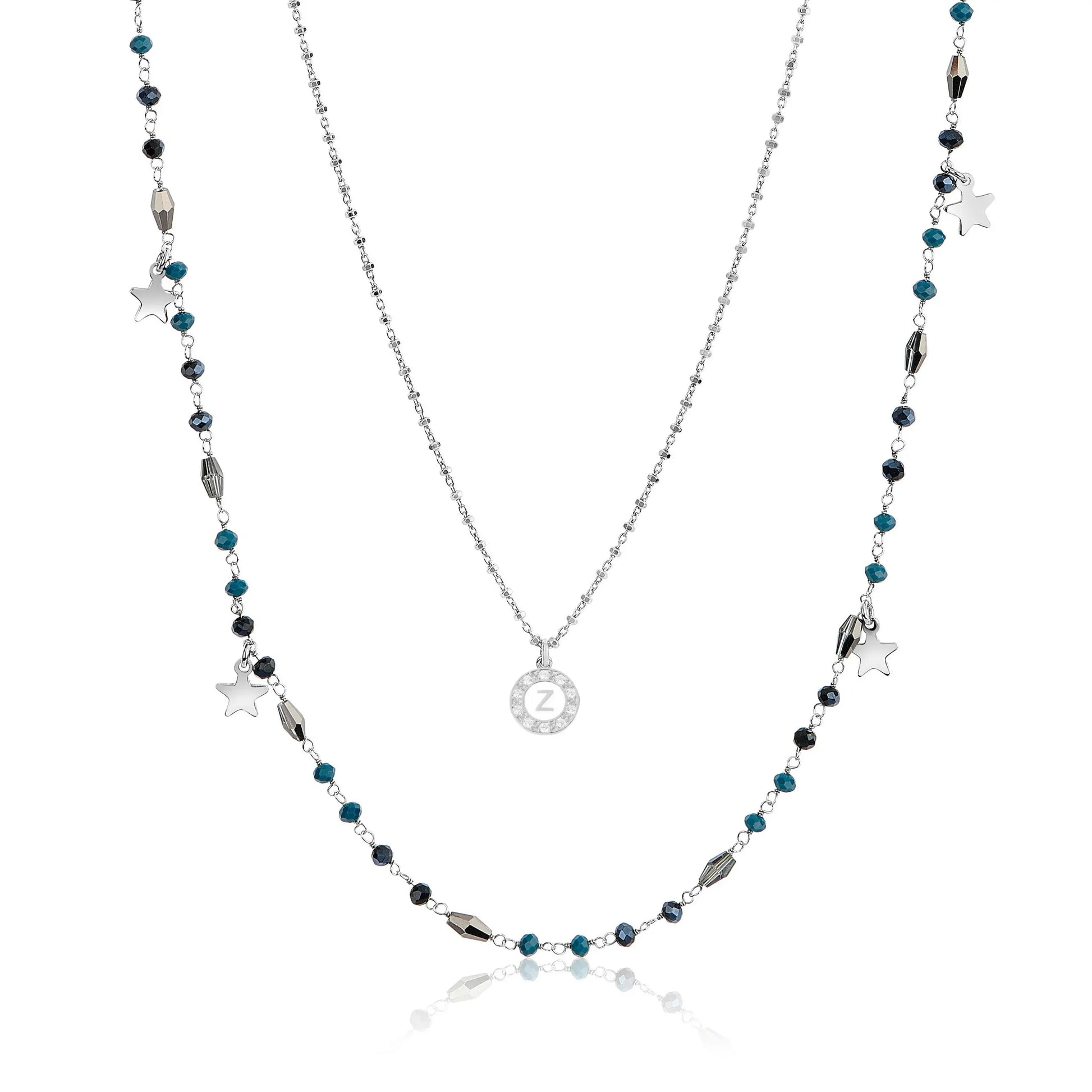 Collana lunga in argento con pietre blu e nere