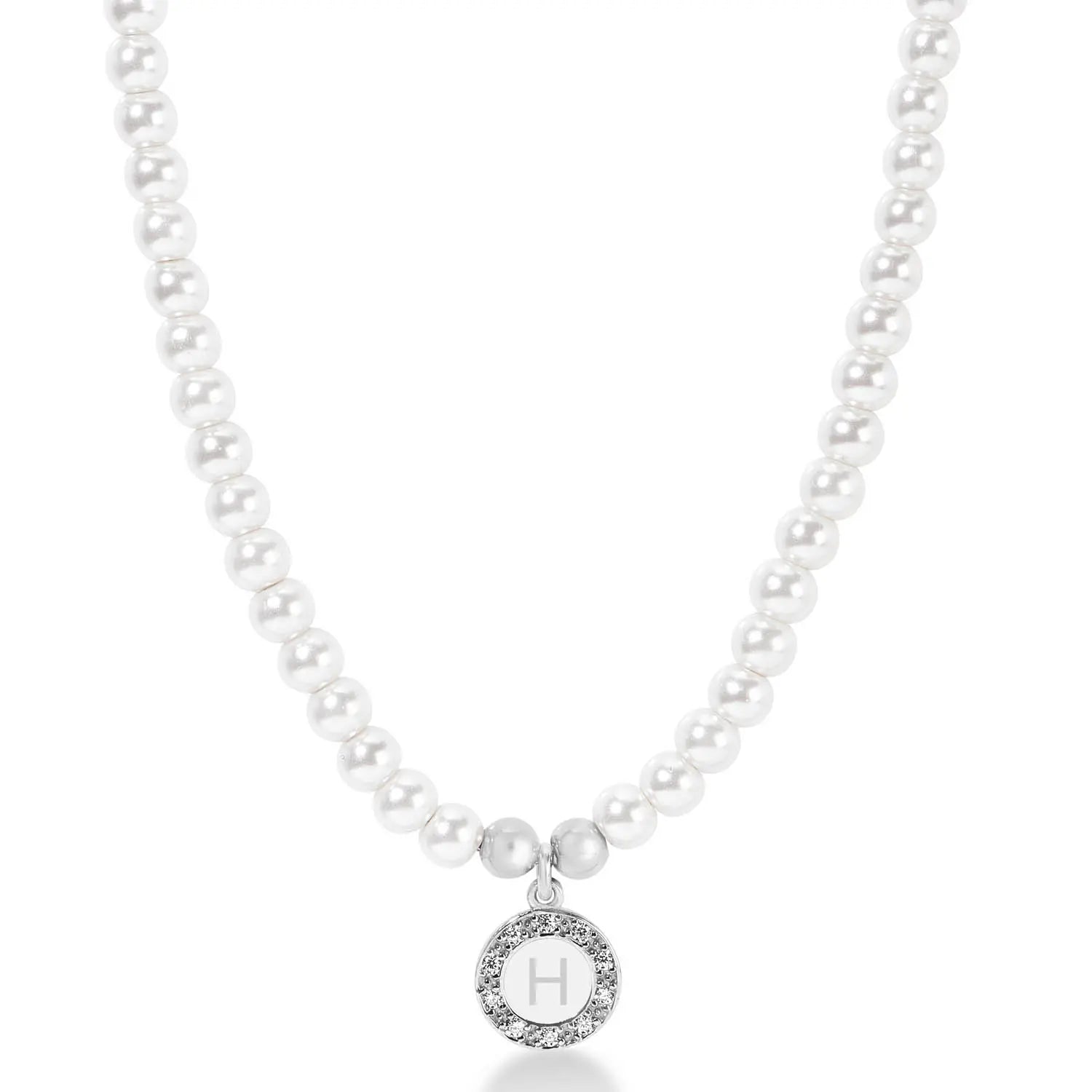 Girocollo Grace in argento 925 placcatura in oro bianco con perle e lettera pendente